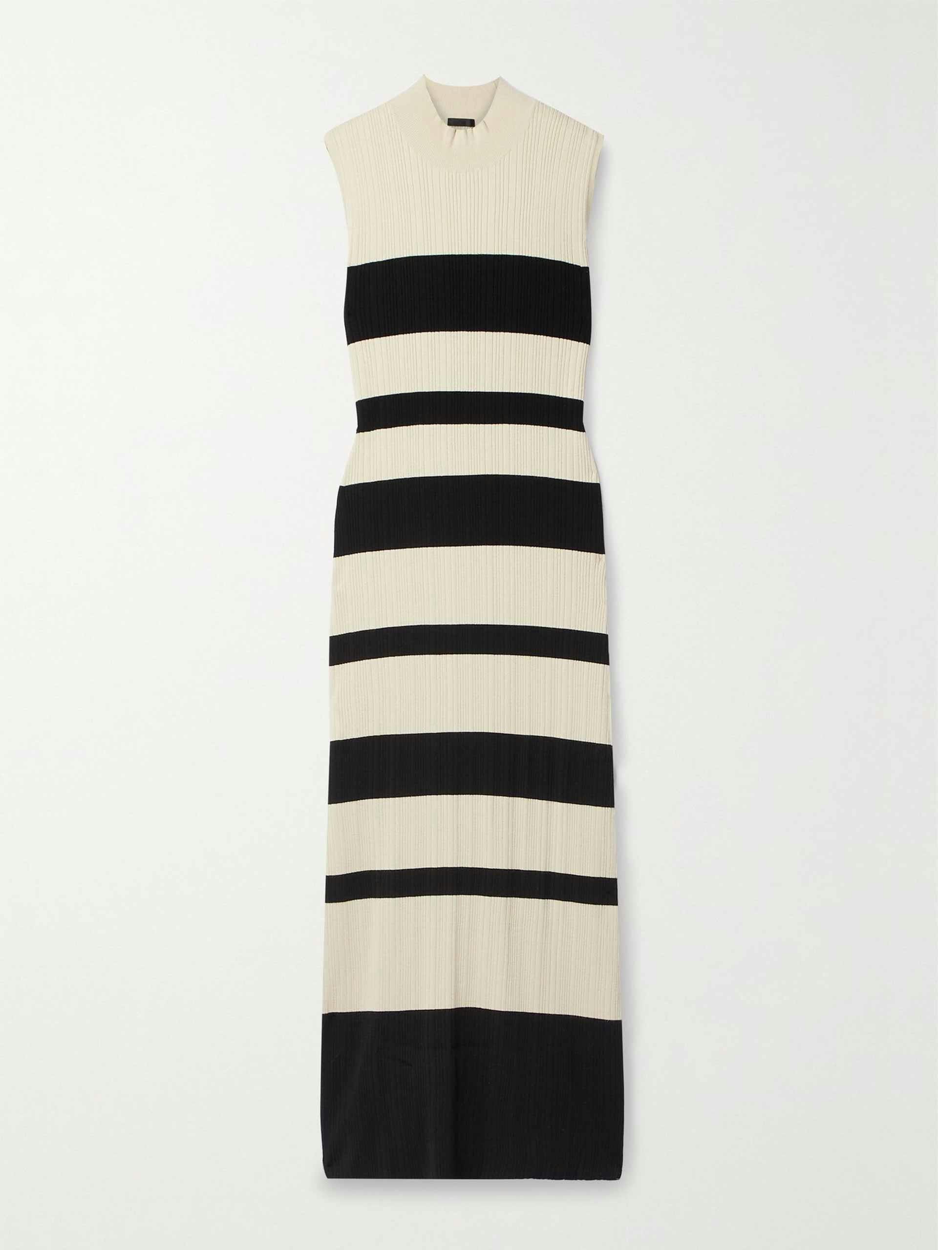 Cream and black striped ribbed-knit maxi dress