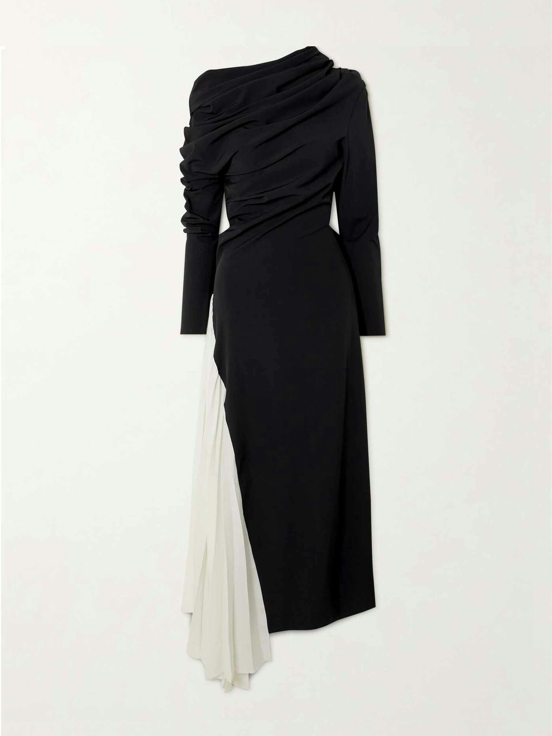 Asymmetric two-tone stretch-jersey and plissé-crepe maxi dress