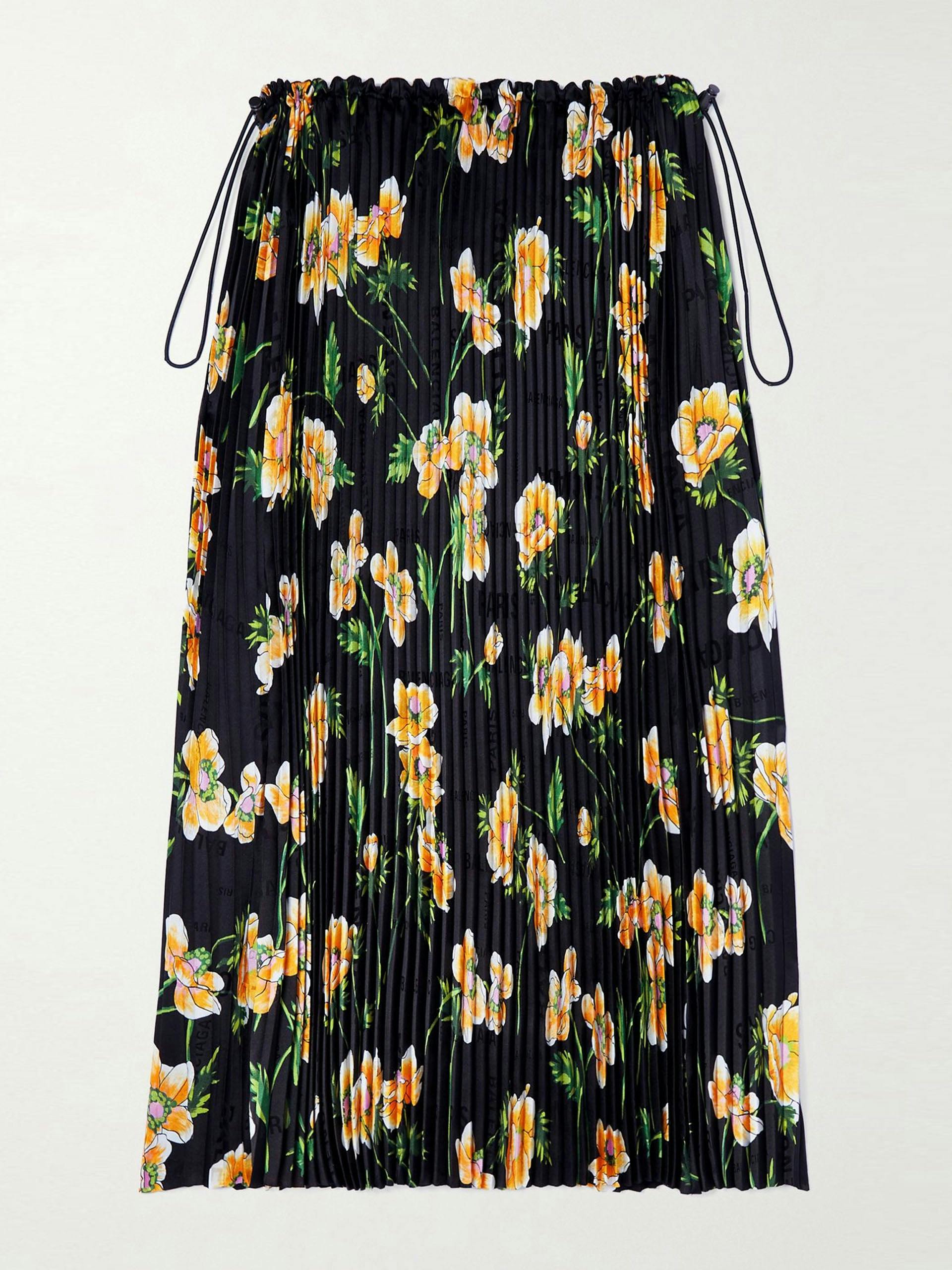 Floral-print plissé-satin midi skirt