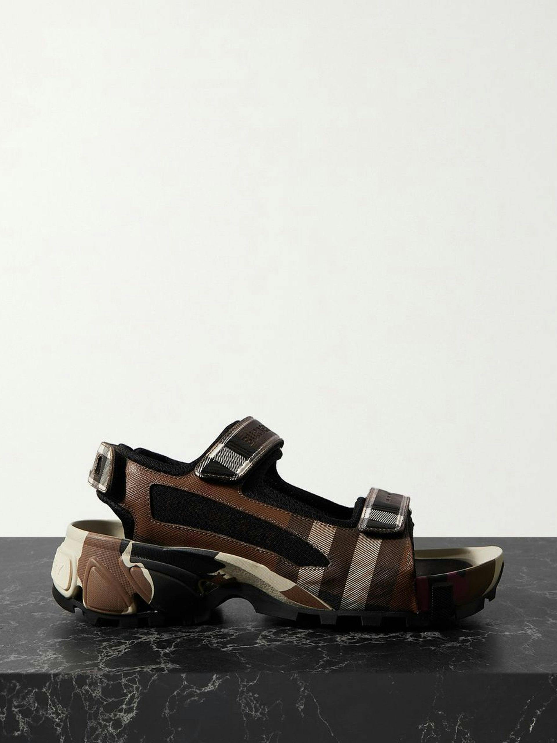 Checked coated-canvas and mesh sandals