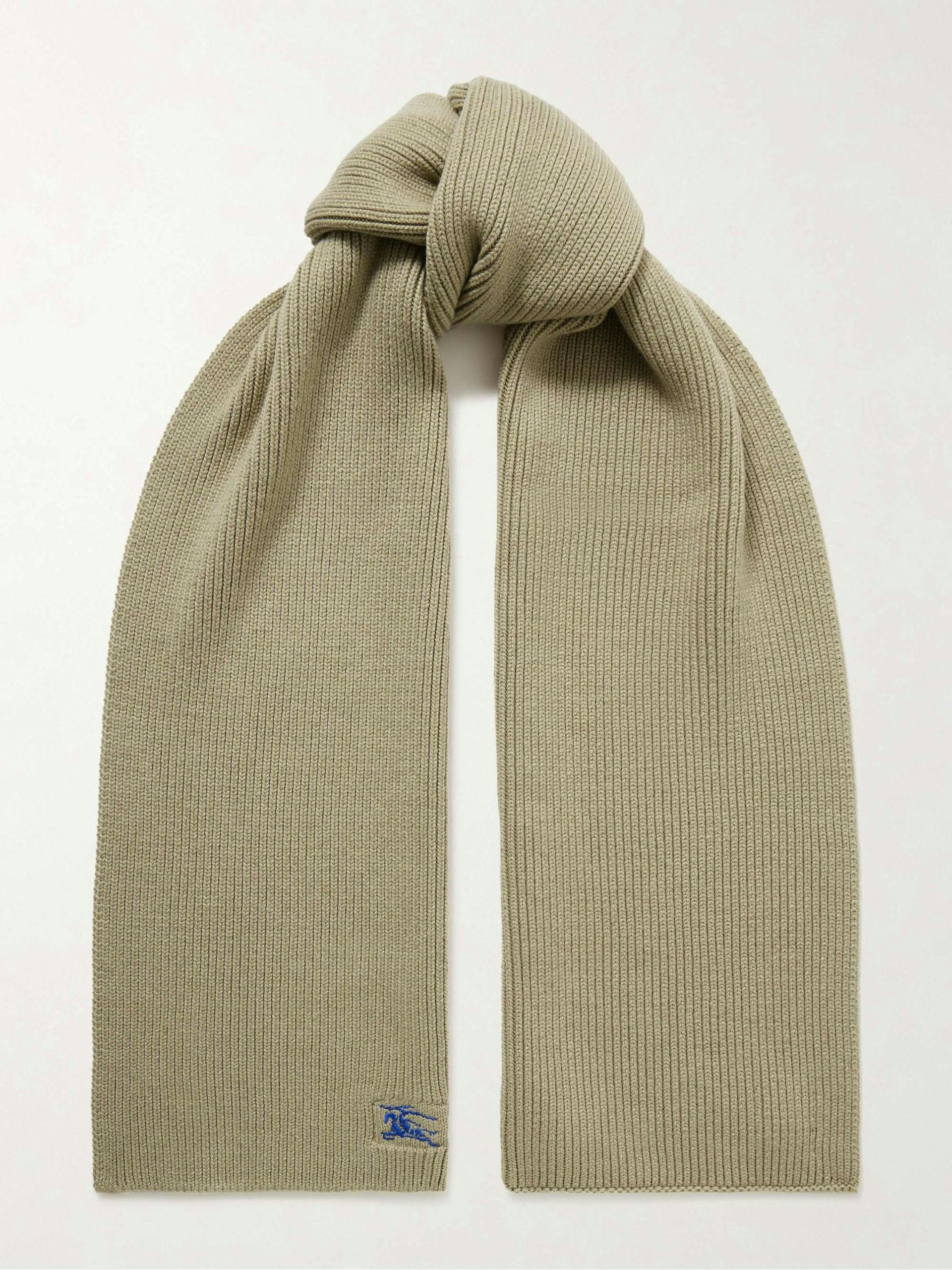 Logo-embroidered ribbed cashmere scarf