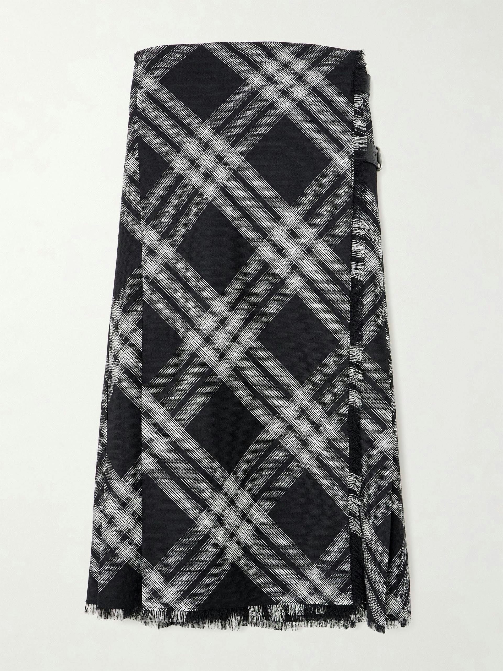 Strapless leather-trimmed checked wool mini dress