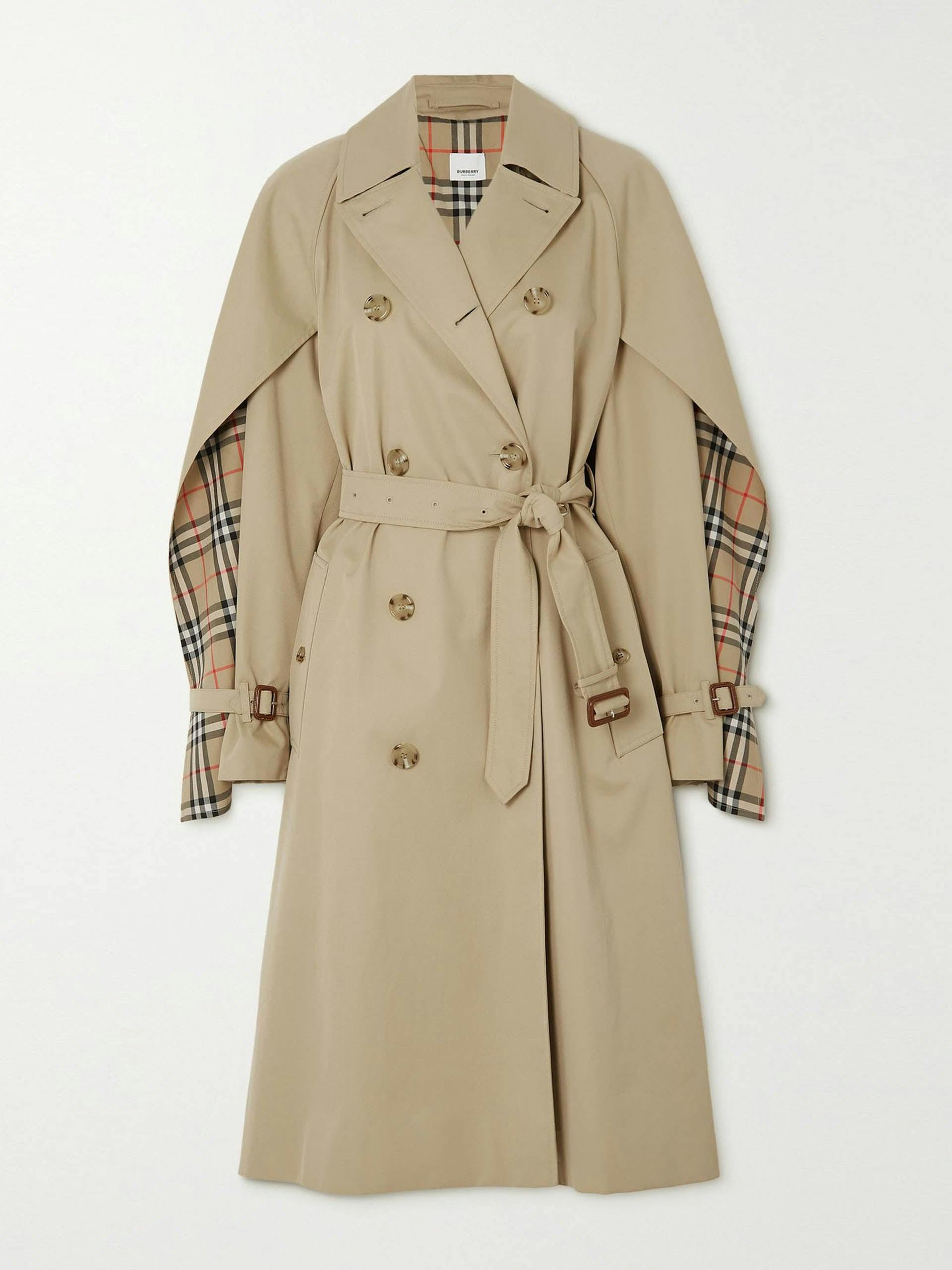 Beige belted layered double-breasted cotton-gabardine trench coat