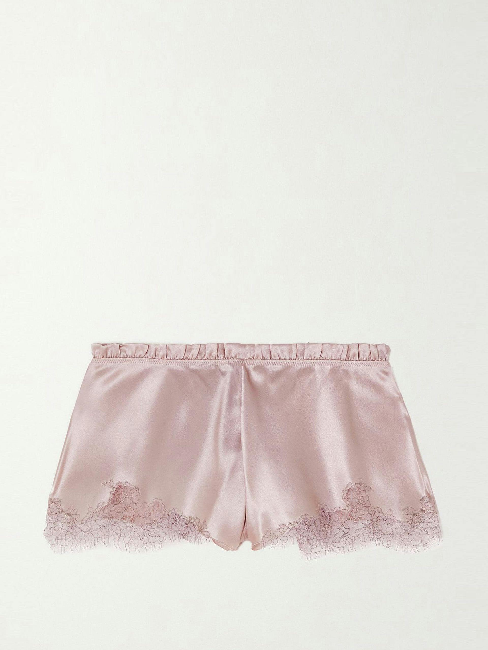 Lace-trimmed ruffled silk-satin shorts