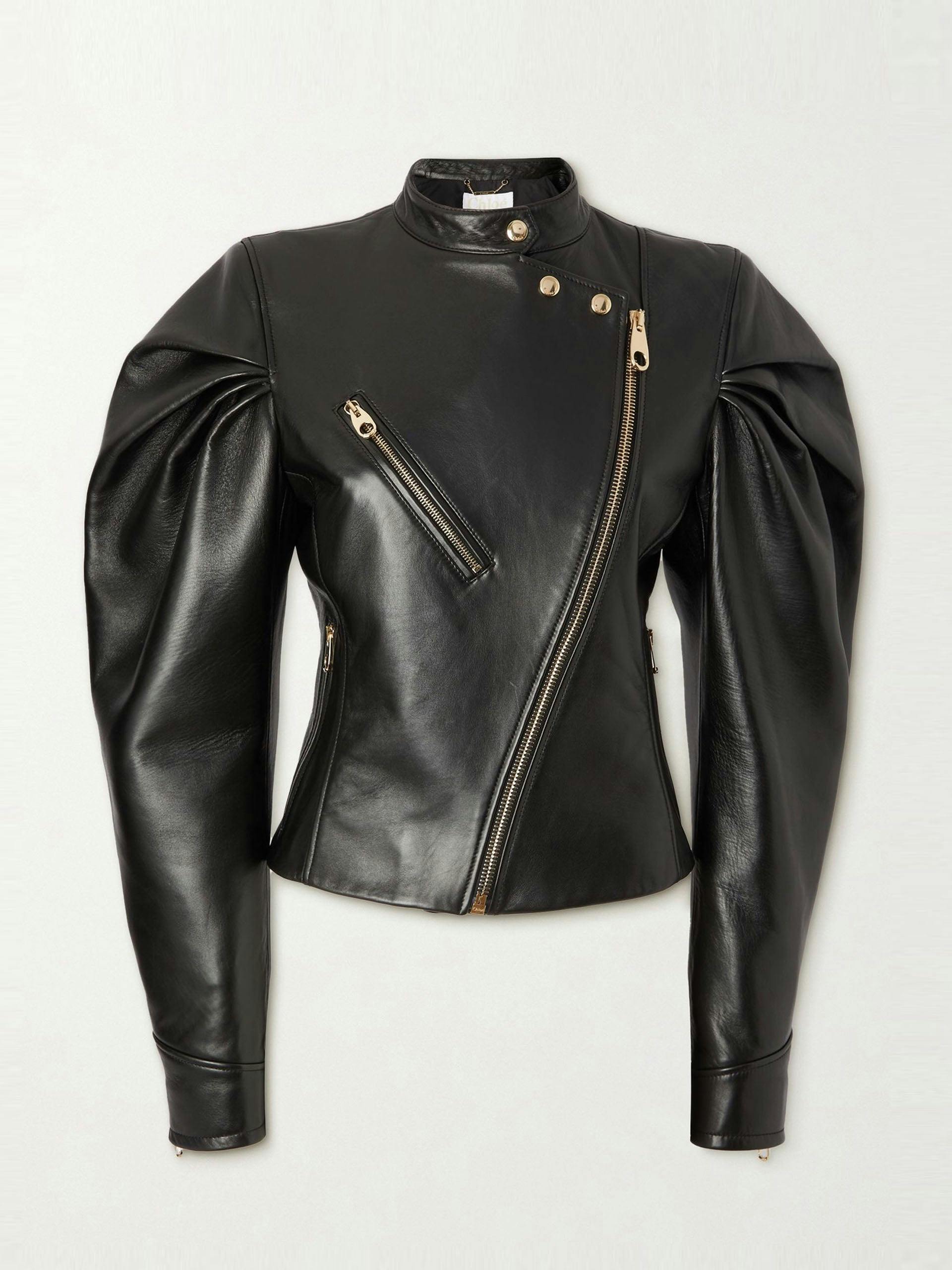 Asymmetric gathered leather biker jacket