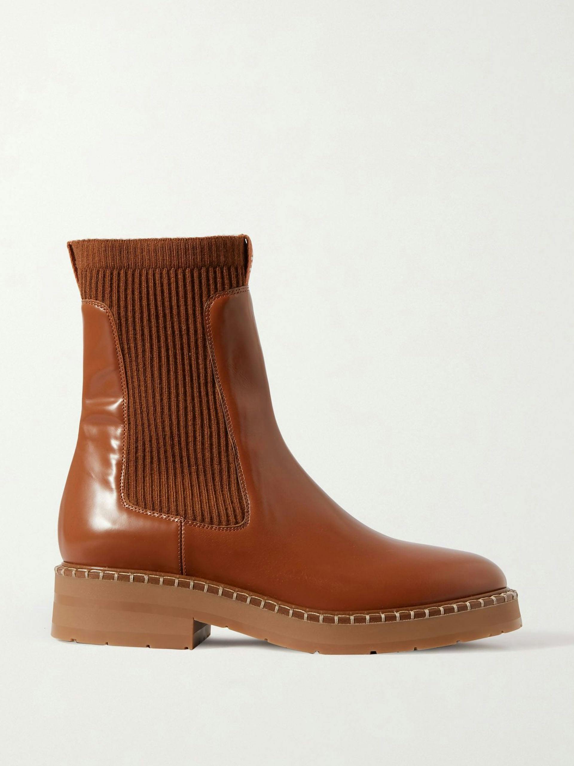 Brown glossed-leather and ribbed-knit Chelsea boots