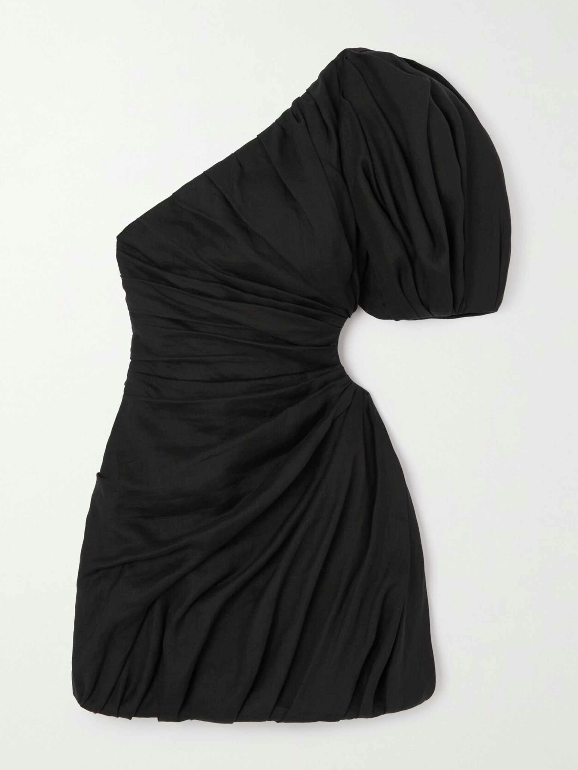 Black one-shoulder cutout gathered ramie mini dress