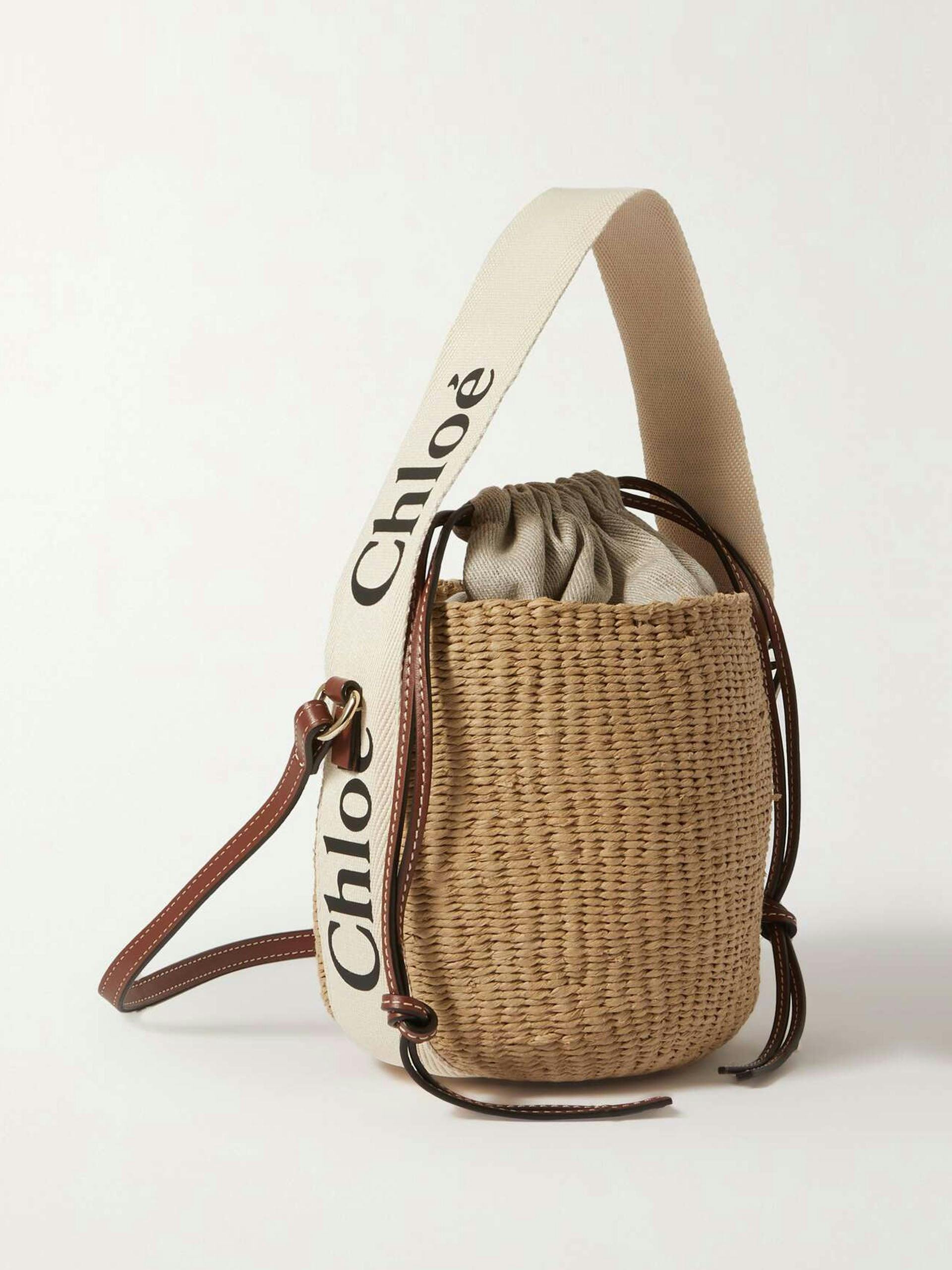 Woody small leather-trimmed raffia basket bag