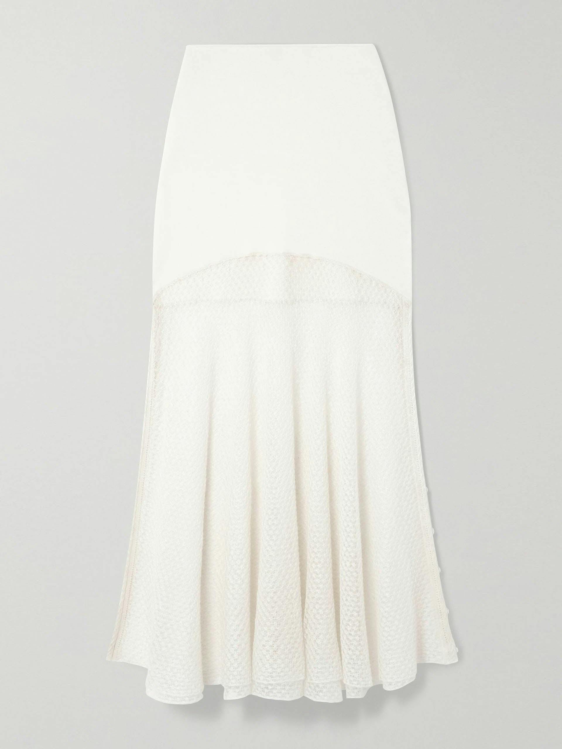 White panelled wool-blend and pointelle-knit linen-blend maxi skirt