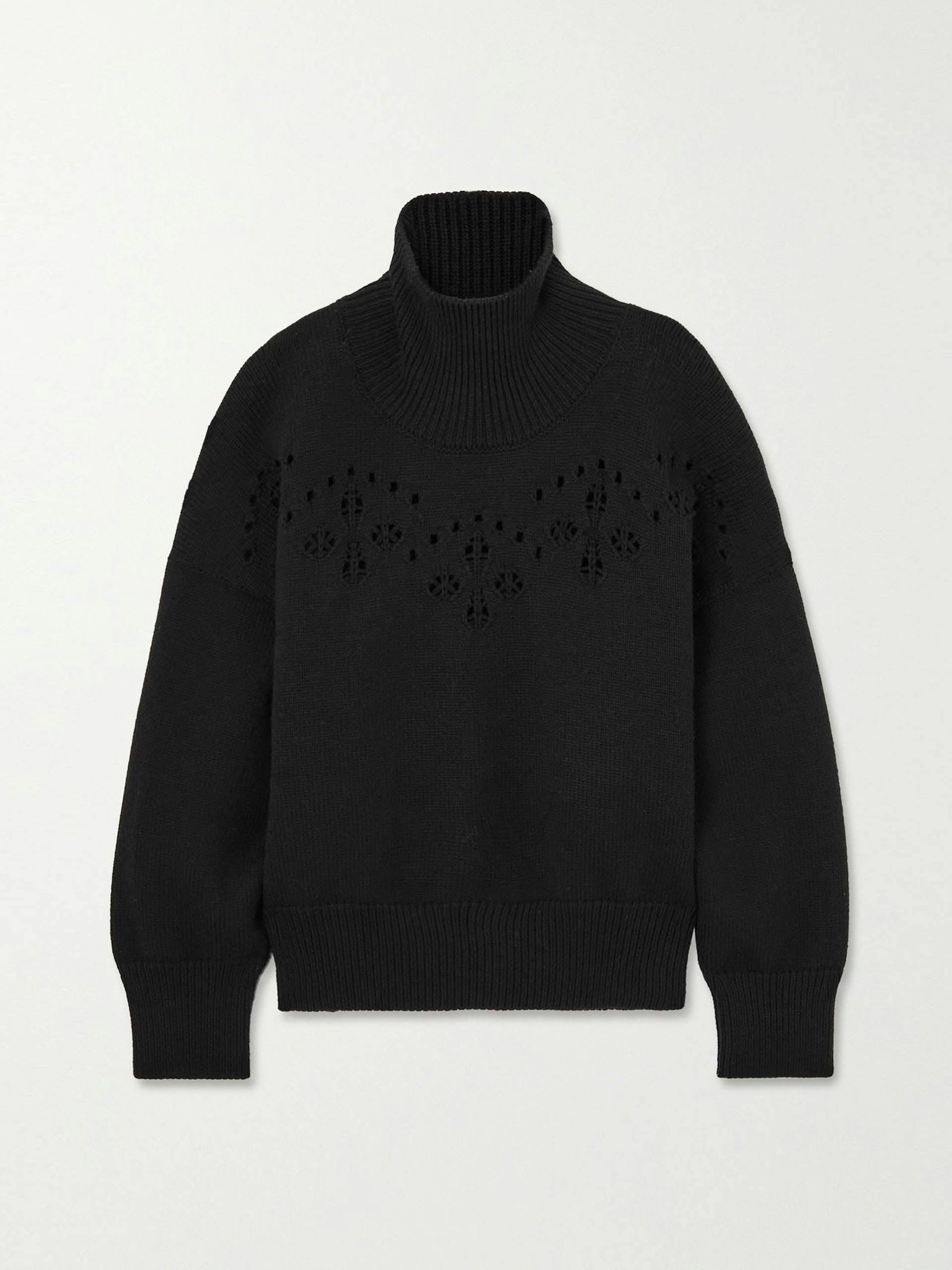 Black pointelle-knit wool turtleneck sweater