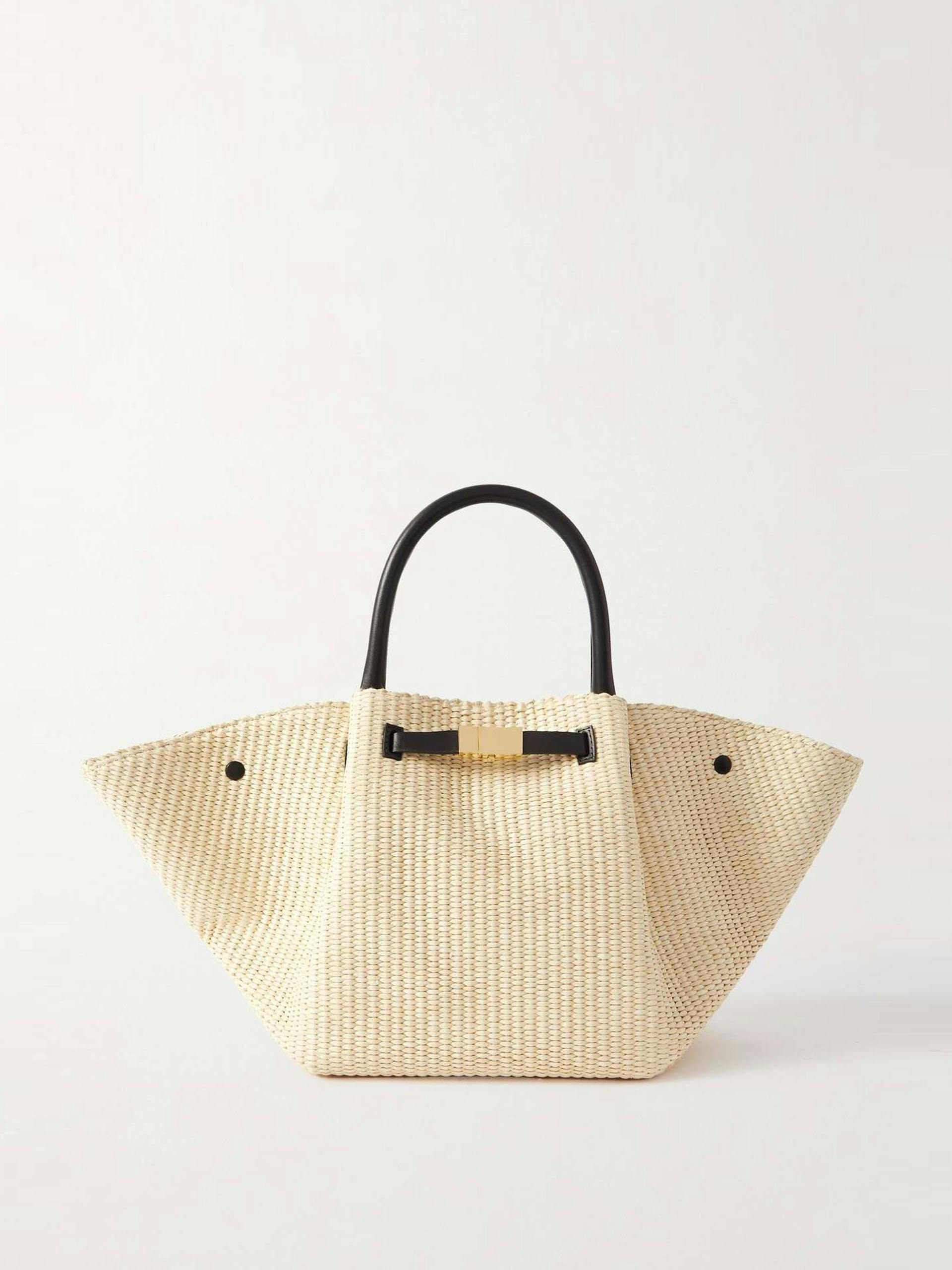 New York leather-trimmed raffia tote