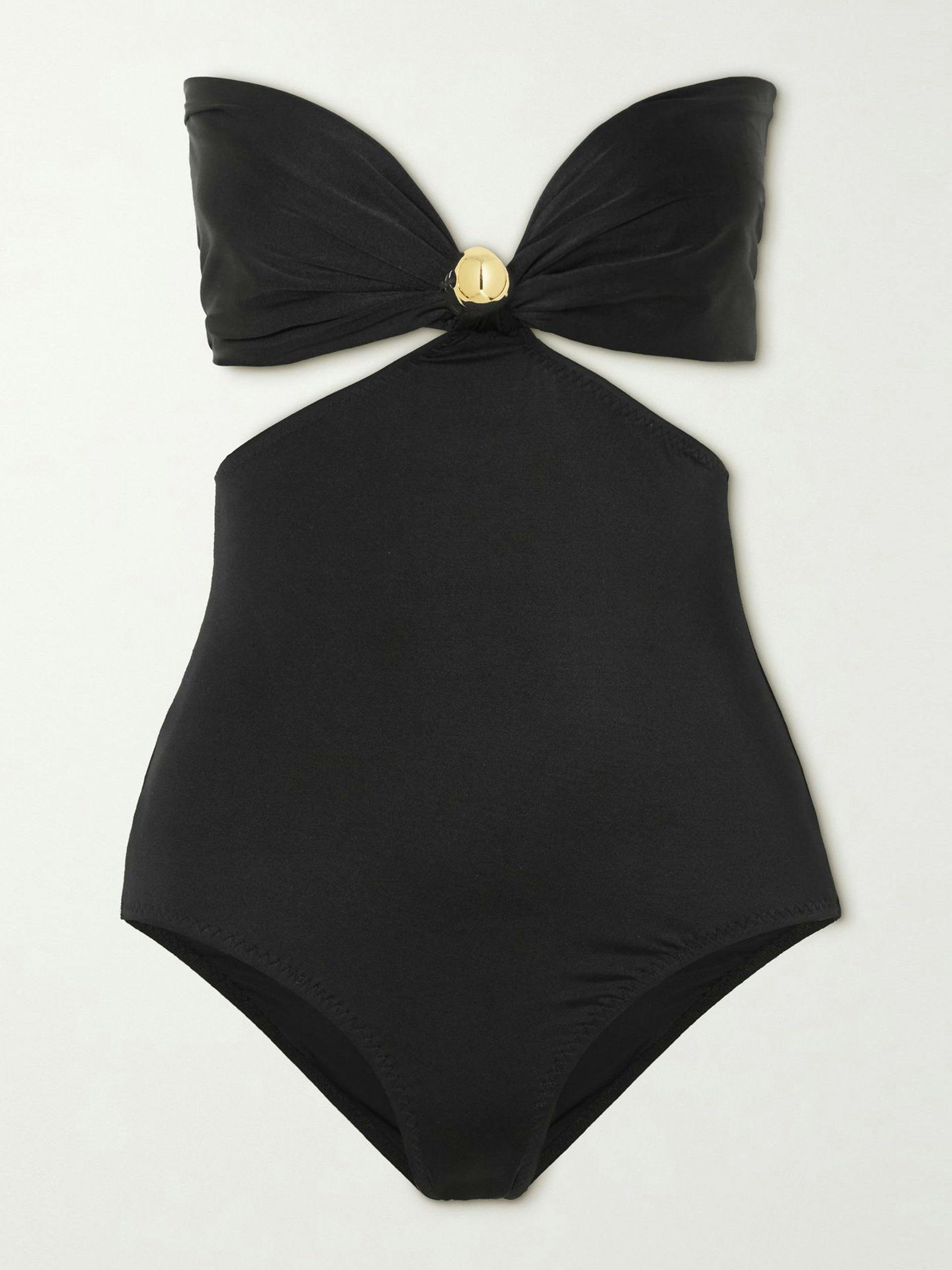 Black embellished cutout bandeau swimsuit
