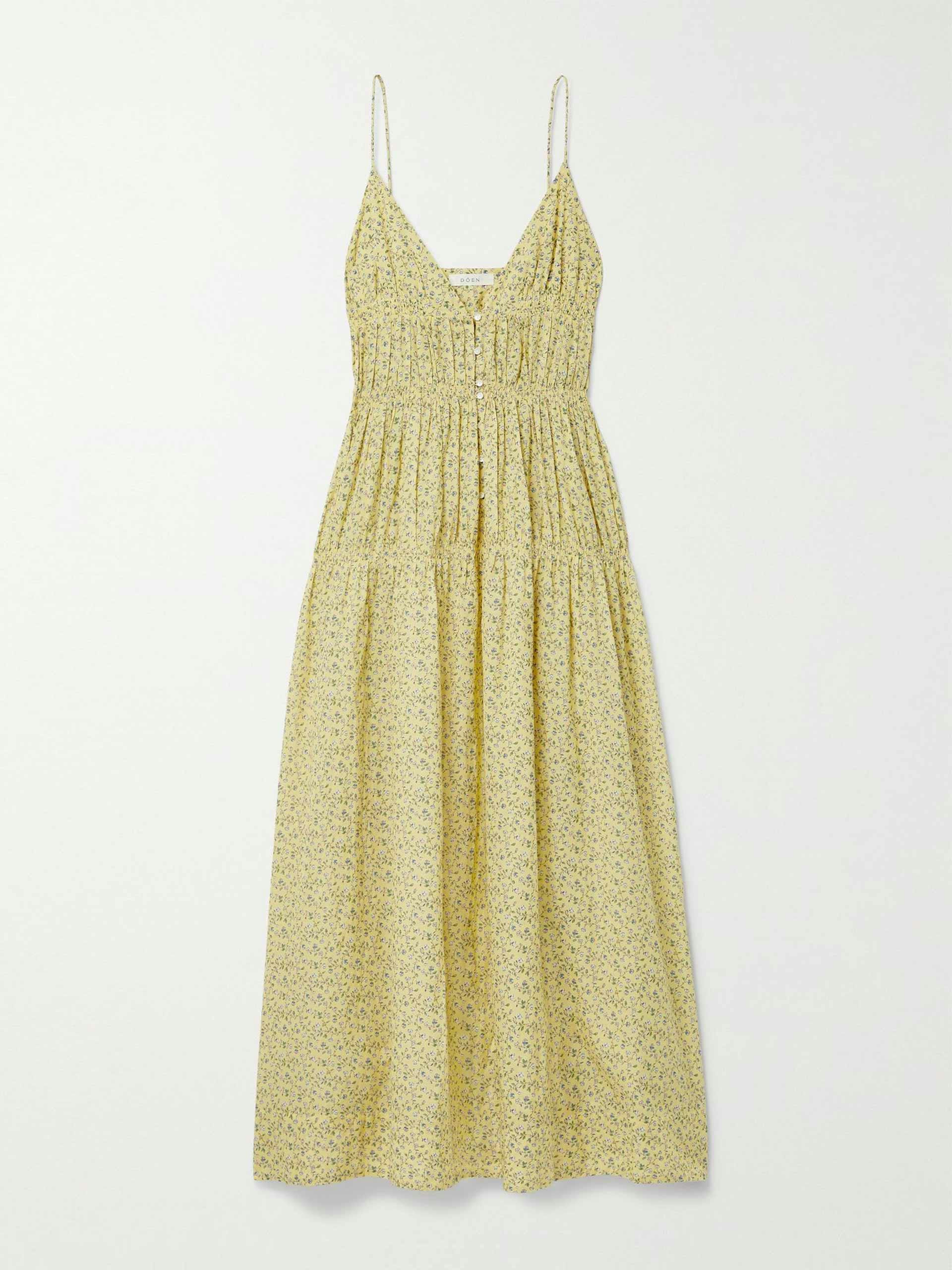 Yellow gathered floral-print organic cotton midi dress