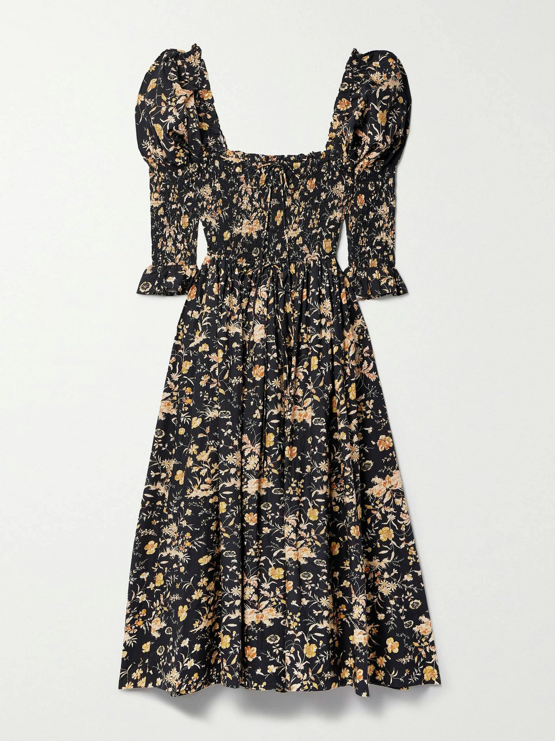 Bijou shirred floral-print organic cotton-poplin maxi dress