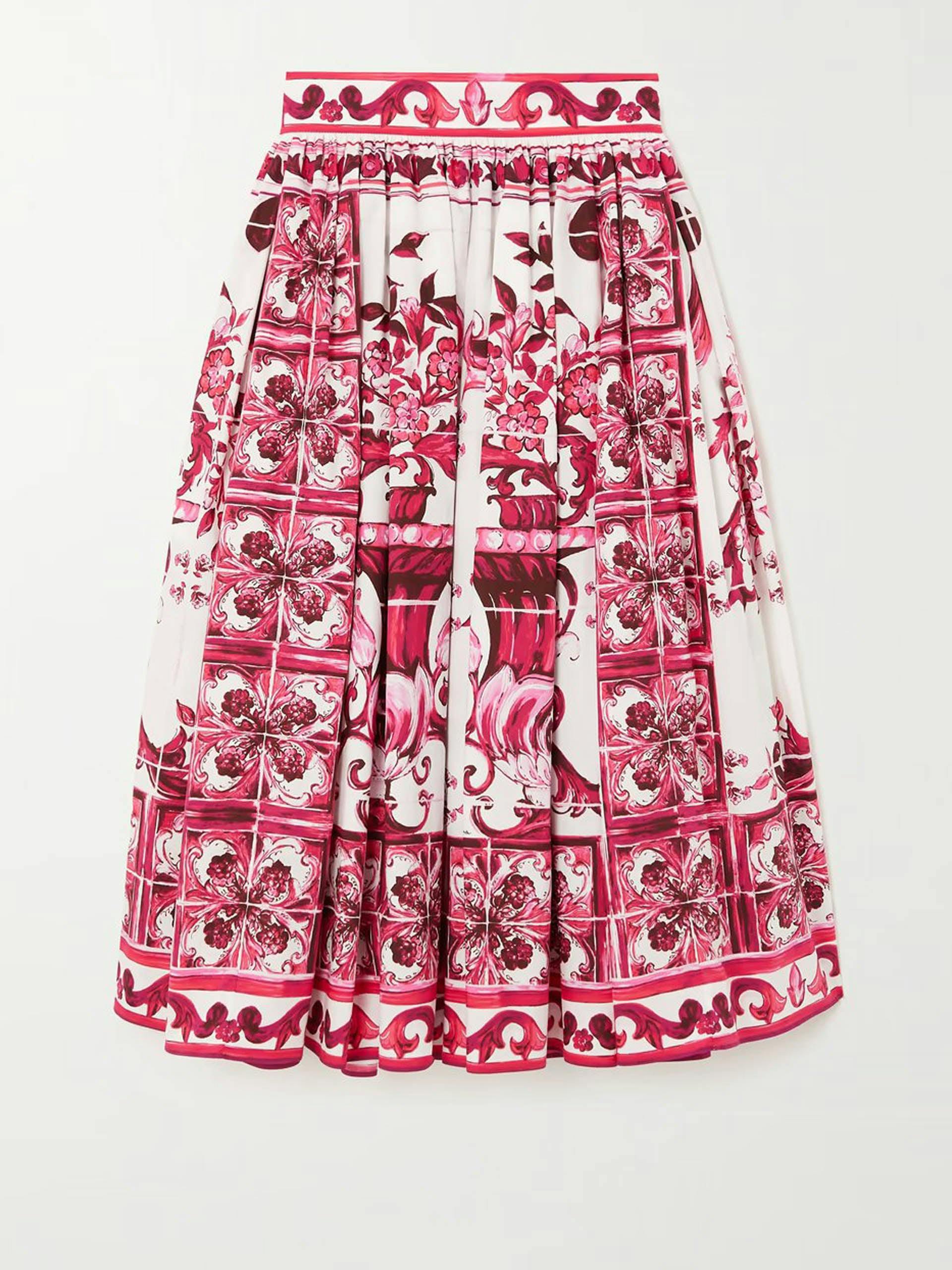 Pleated printed cotton-poplin midi skirt