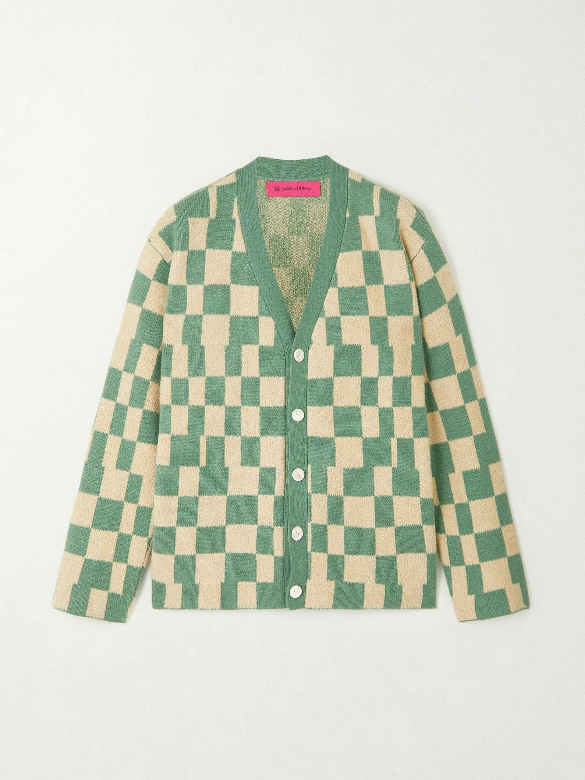 Green checked cashmere-blend jacquard cardigan
