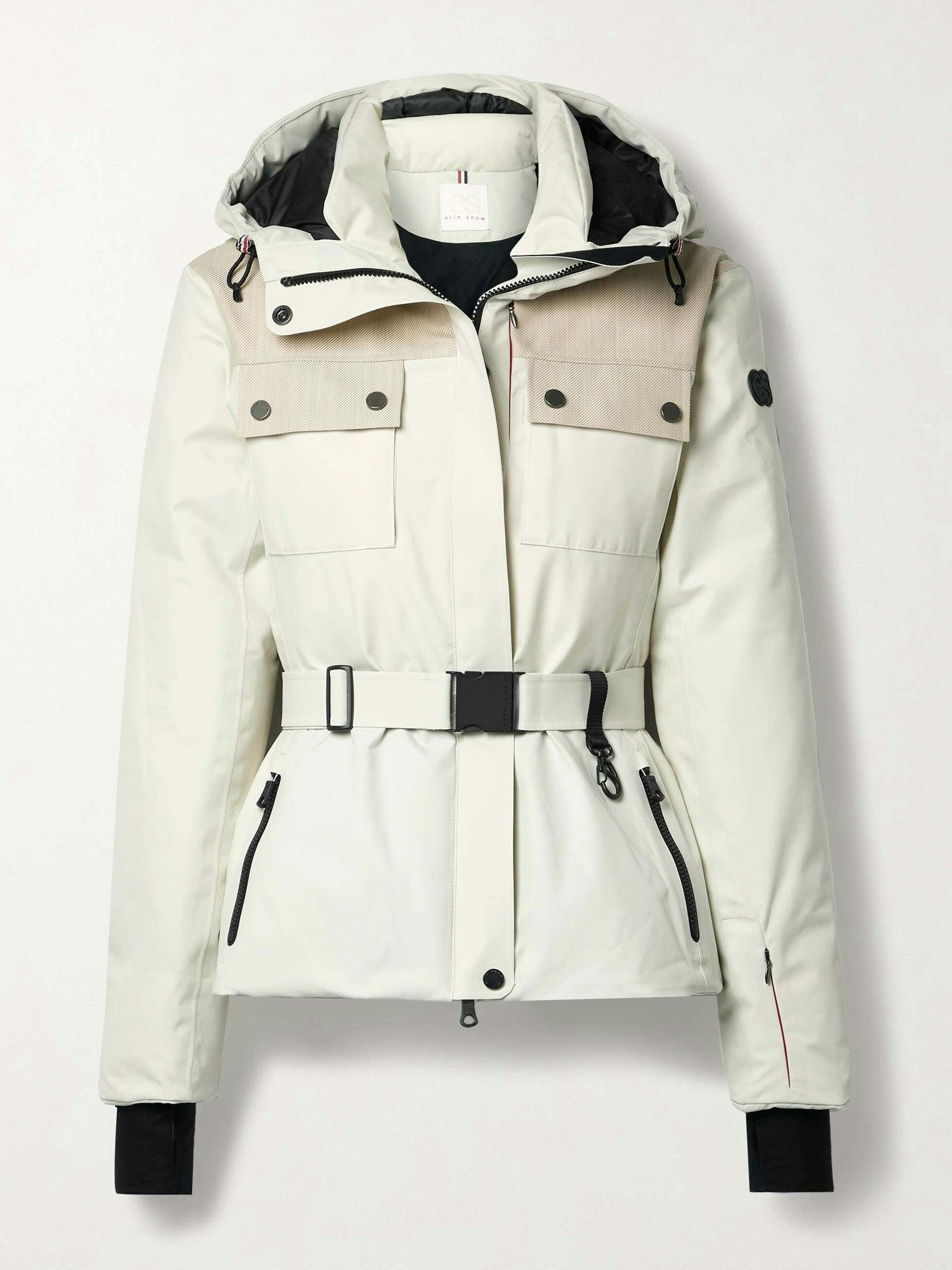 Hooded belted twill-trimmed ski jacket
