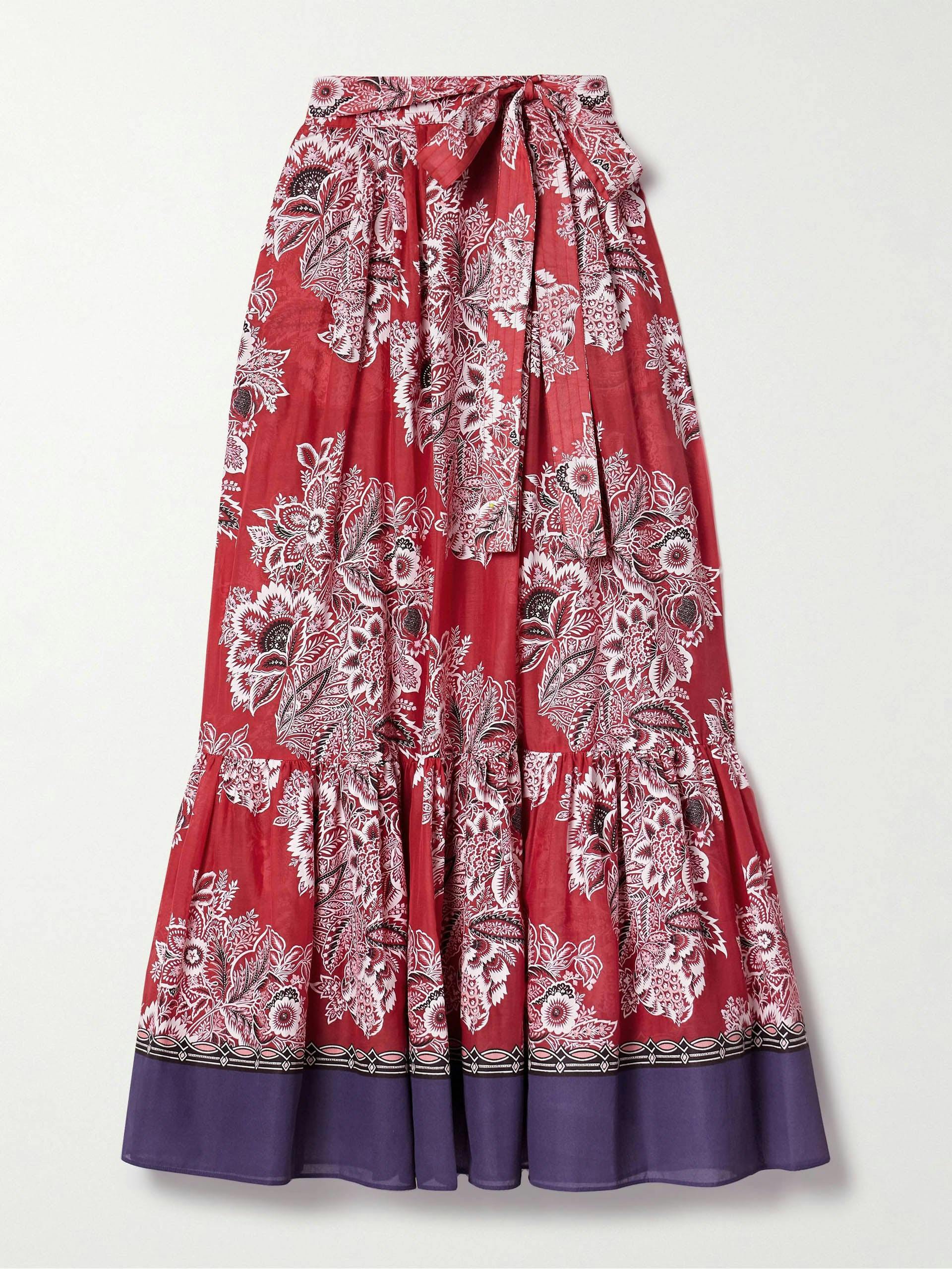 Belted printed cotton and silk-blend voile midi skirt