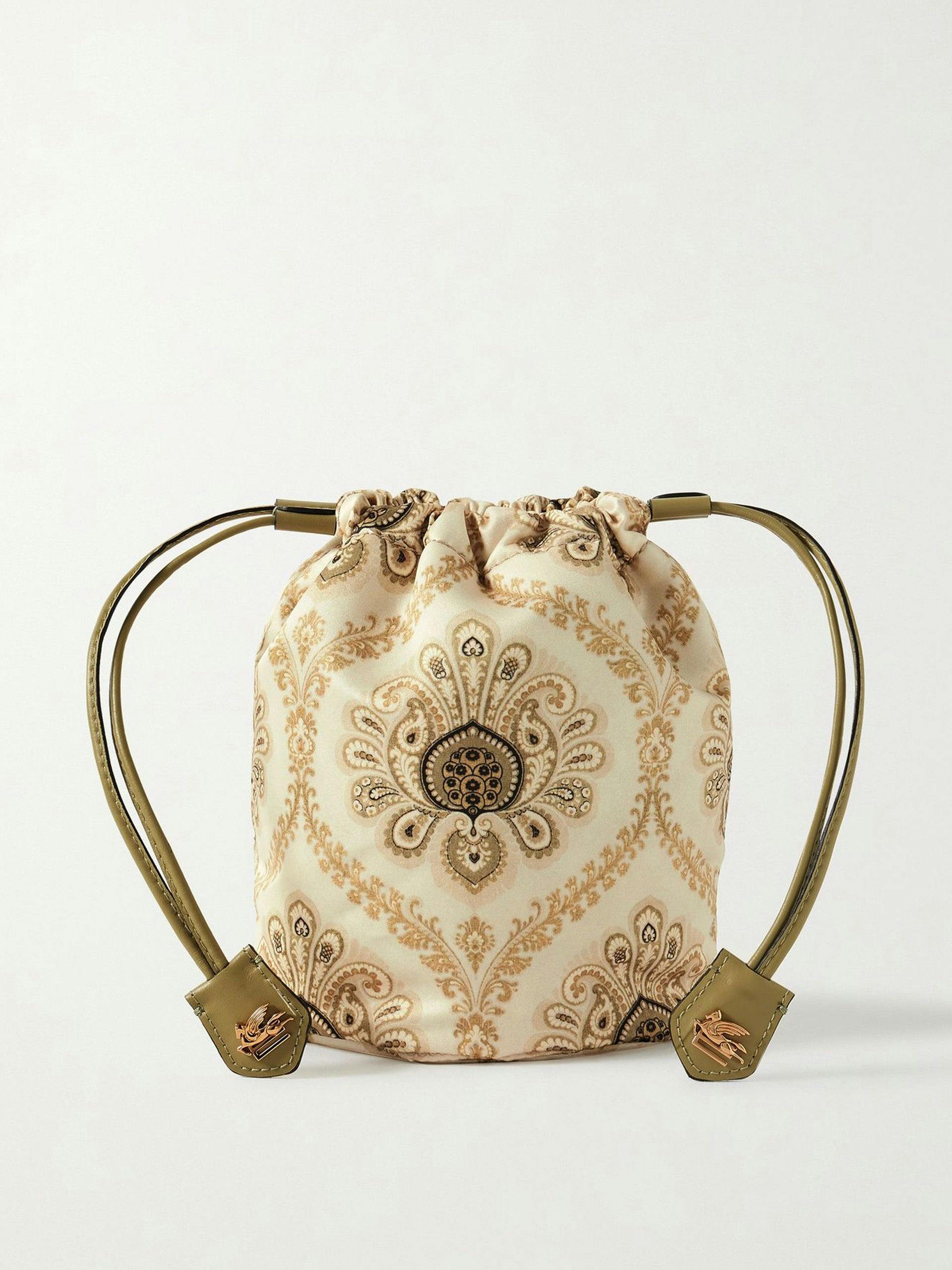 Mini leather-trimmed printed duchesse-satin pouch