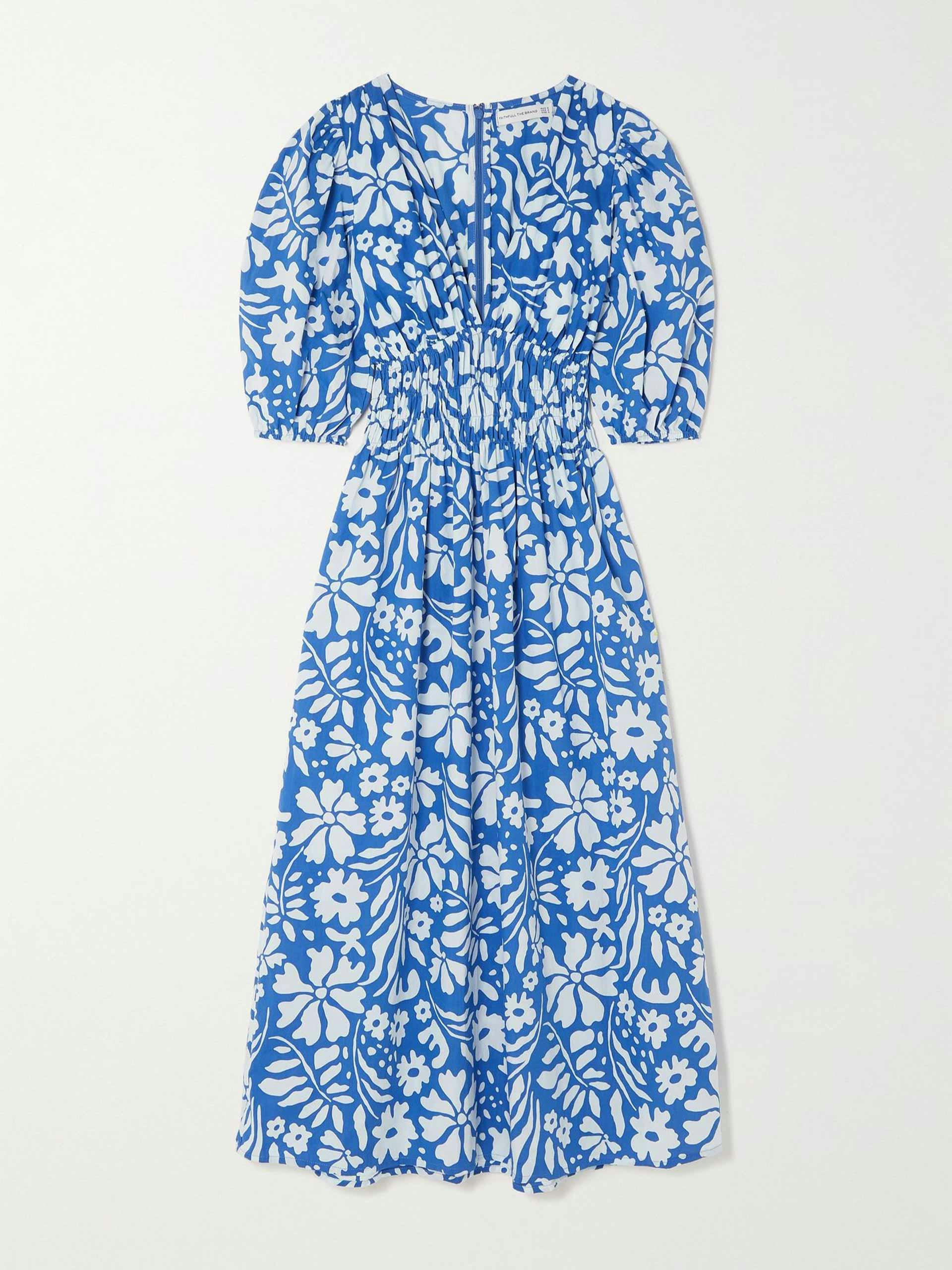 Blue smocked floral-print organic cotton-poplin midi dress