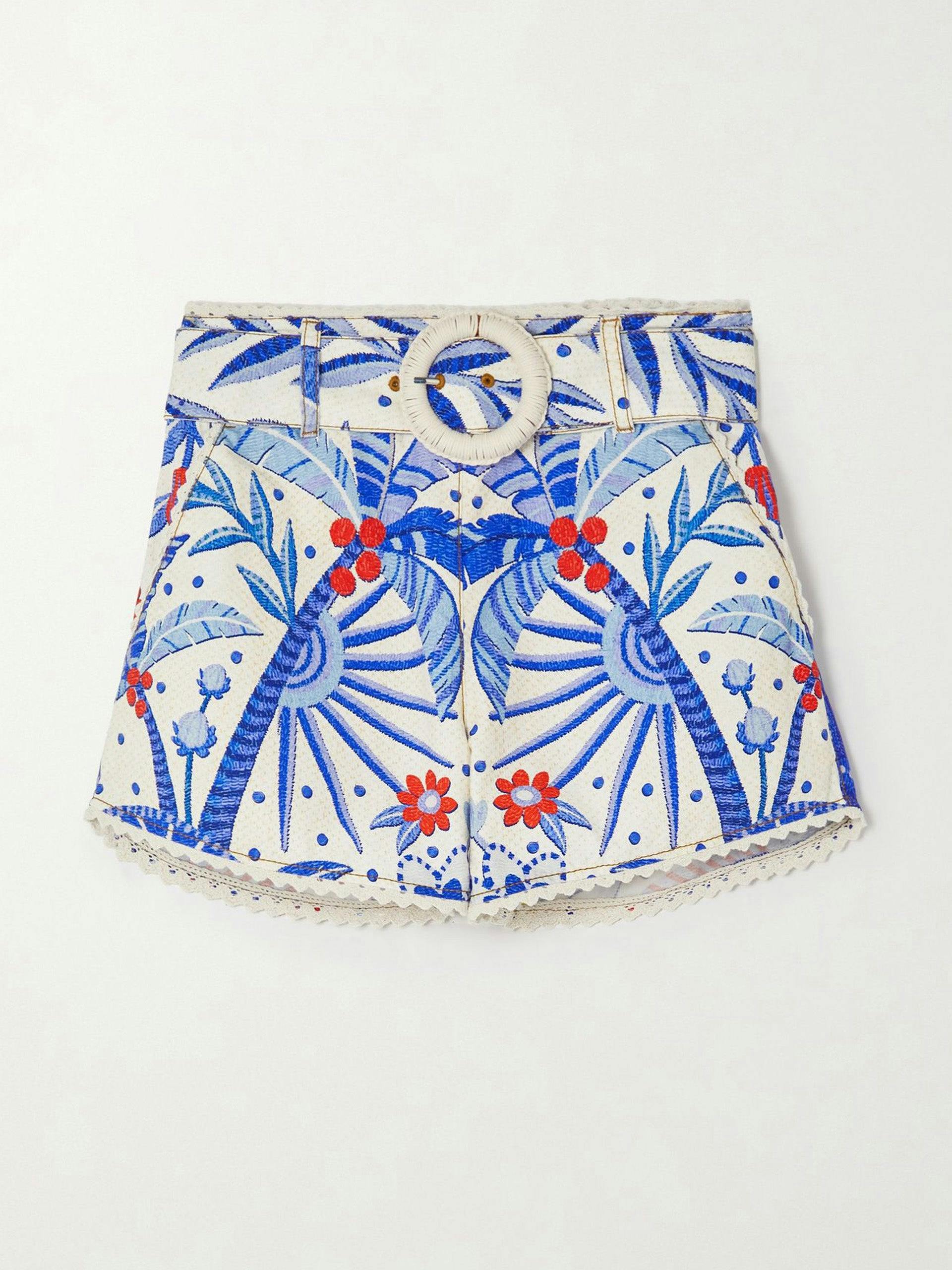 Belted printed cotton shorts