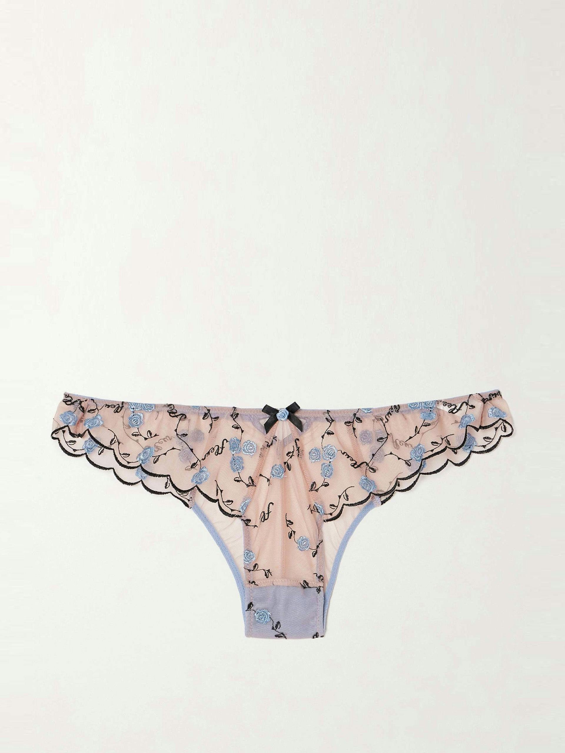 Rose and Vine stretch-silk satin-trimmed embroidered tulle briefs