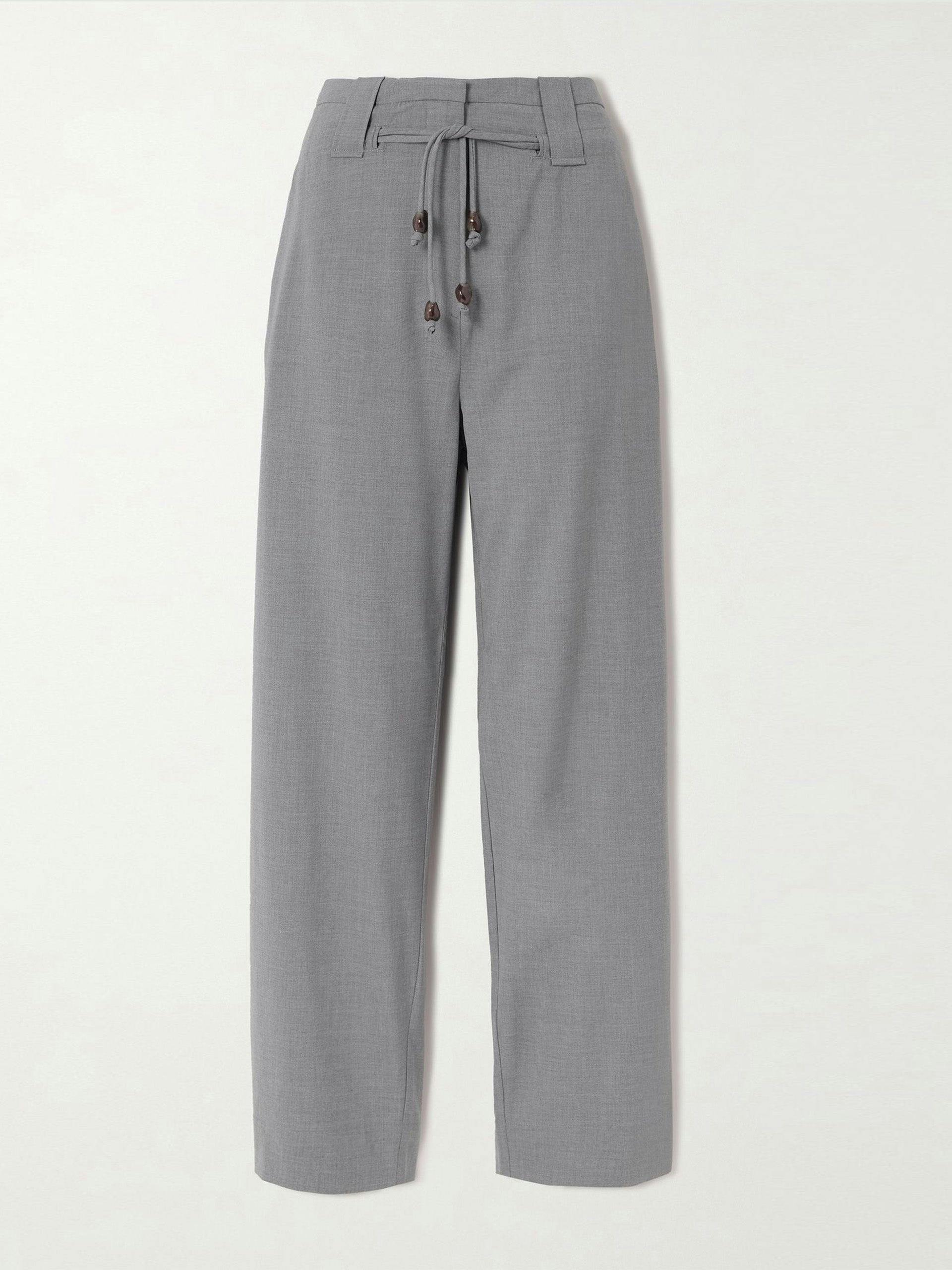 Light-grey bead-embellished high-rise woven pants