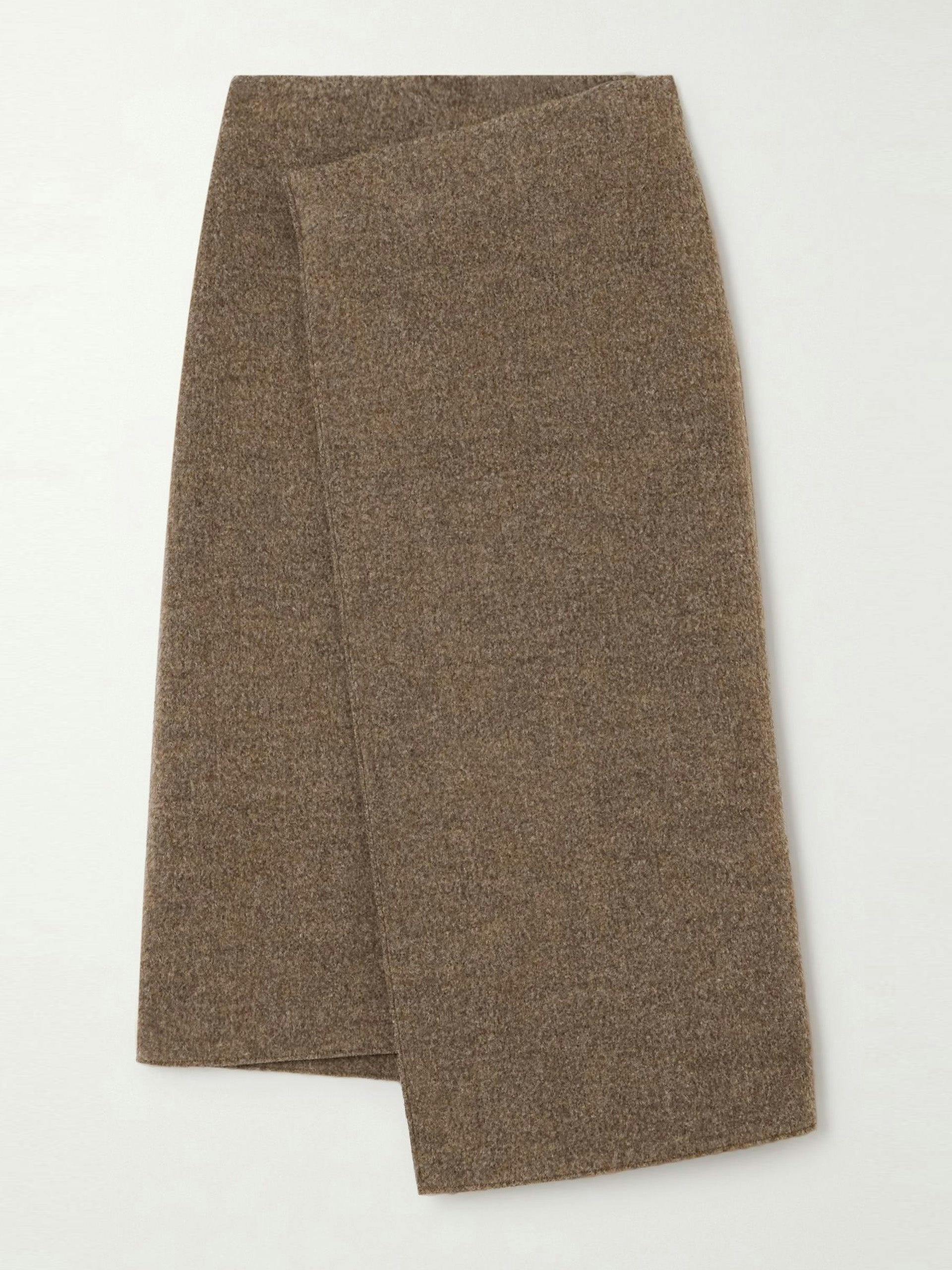 Brown wrap-effect lama-blend midi skirt
