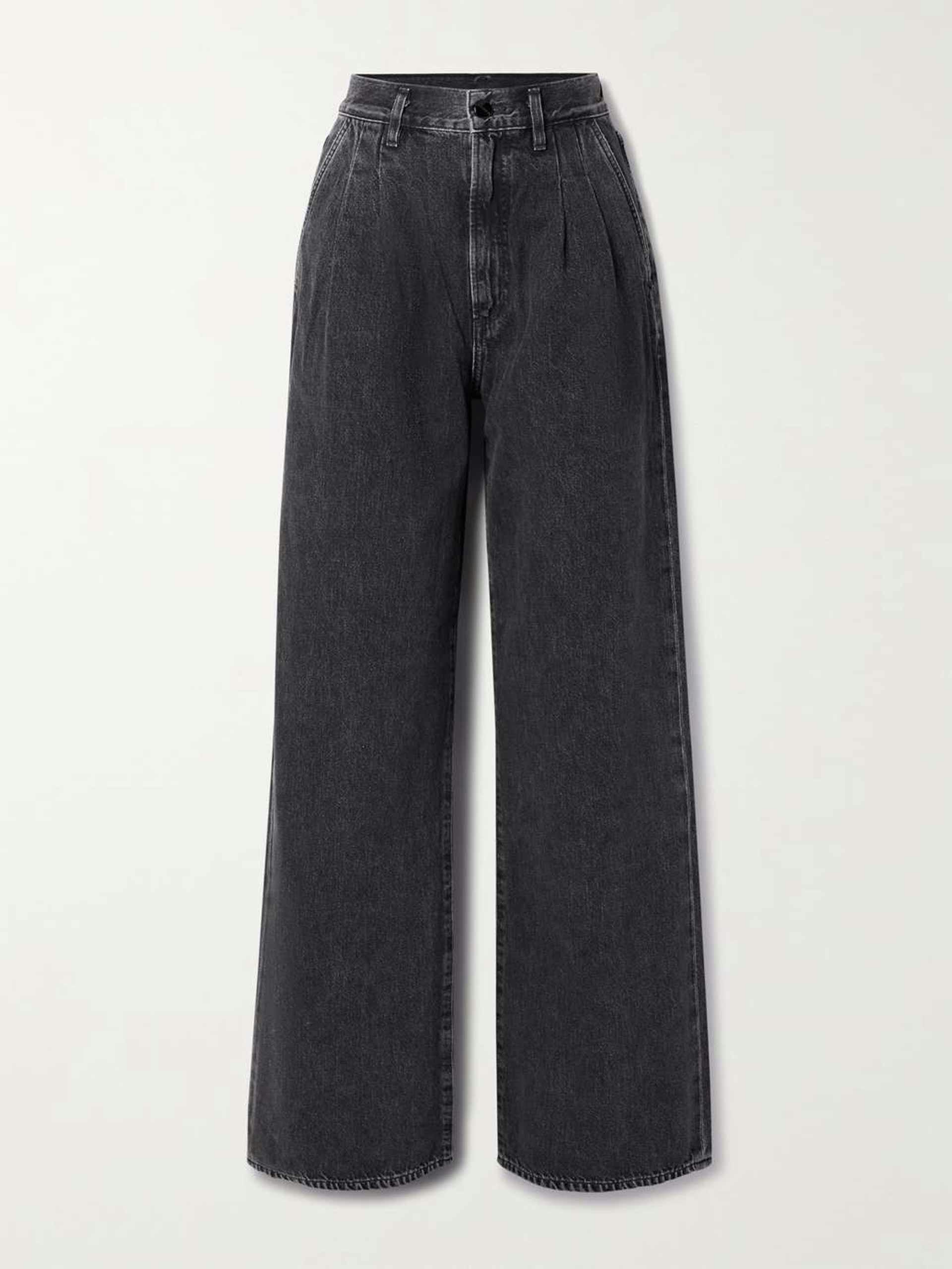 Pleated high-rise wide-leg jeans