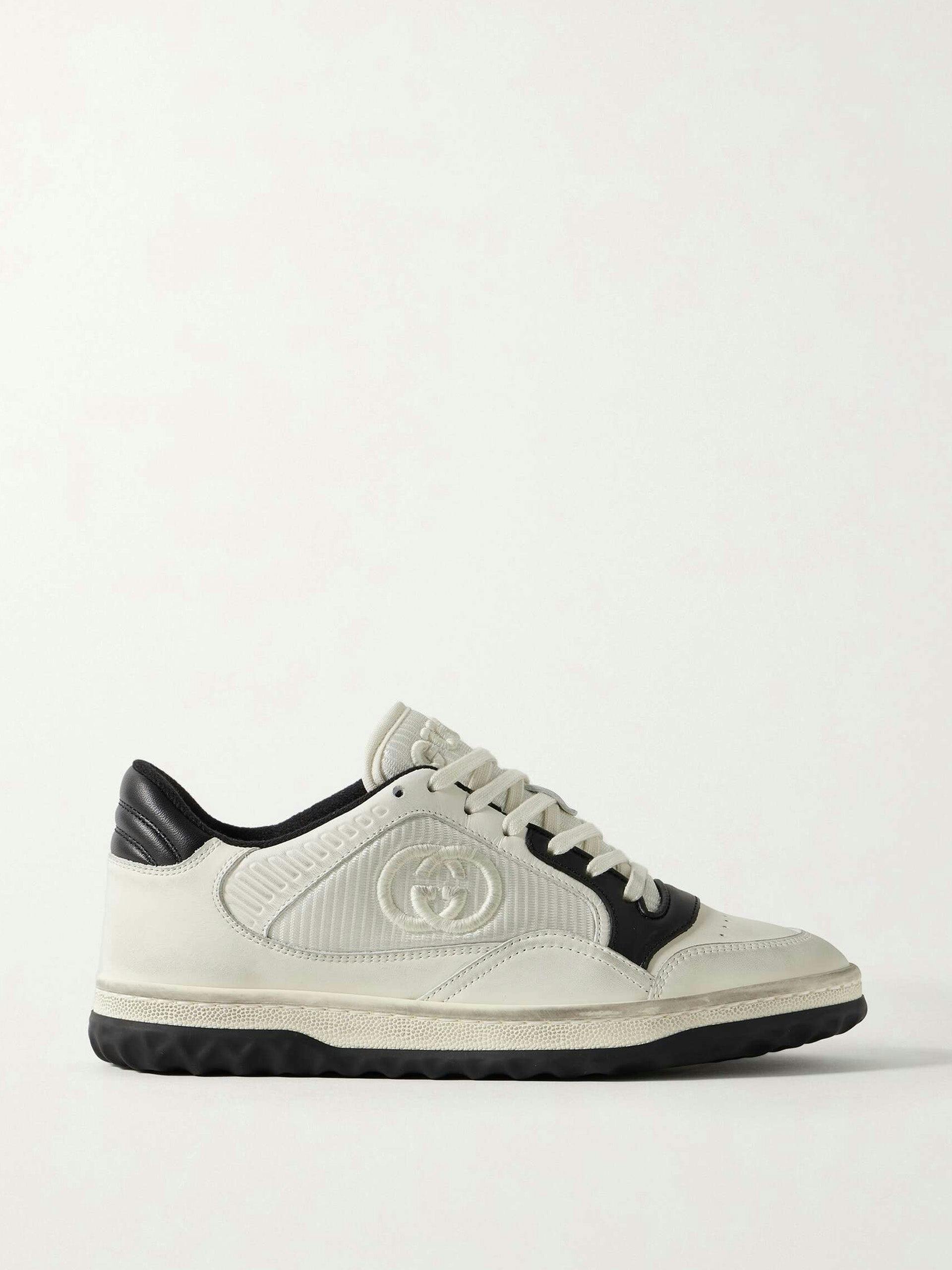 MAC80 distressed leather and embroidered ribbed-knit sneakers