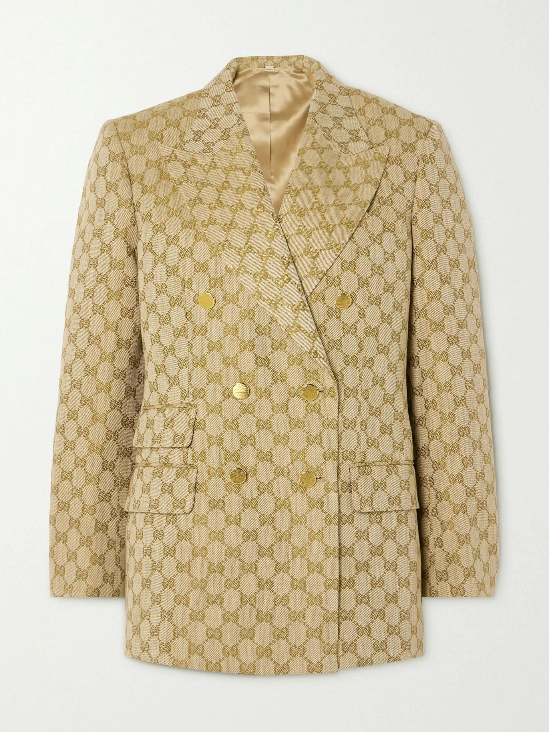 Beige double-breasted linen and cotton-blend jacquard blazer