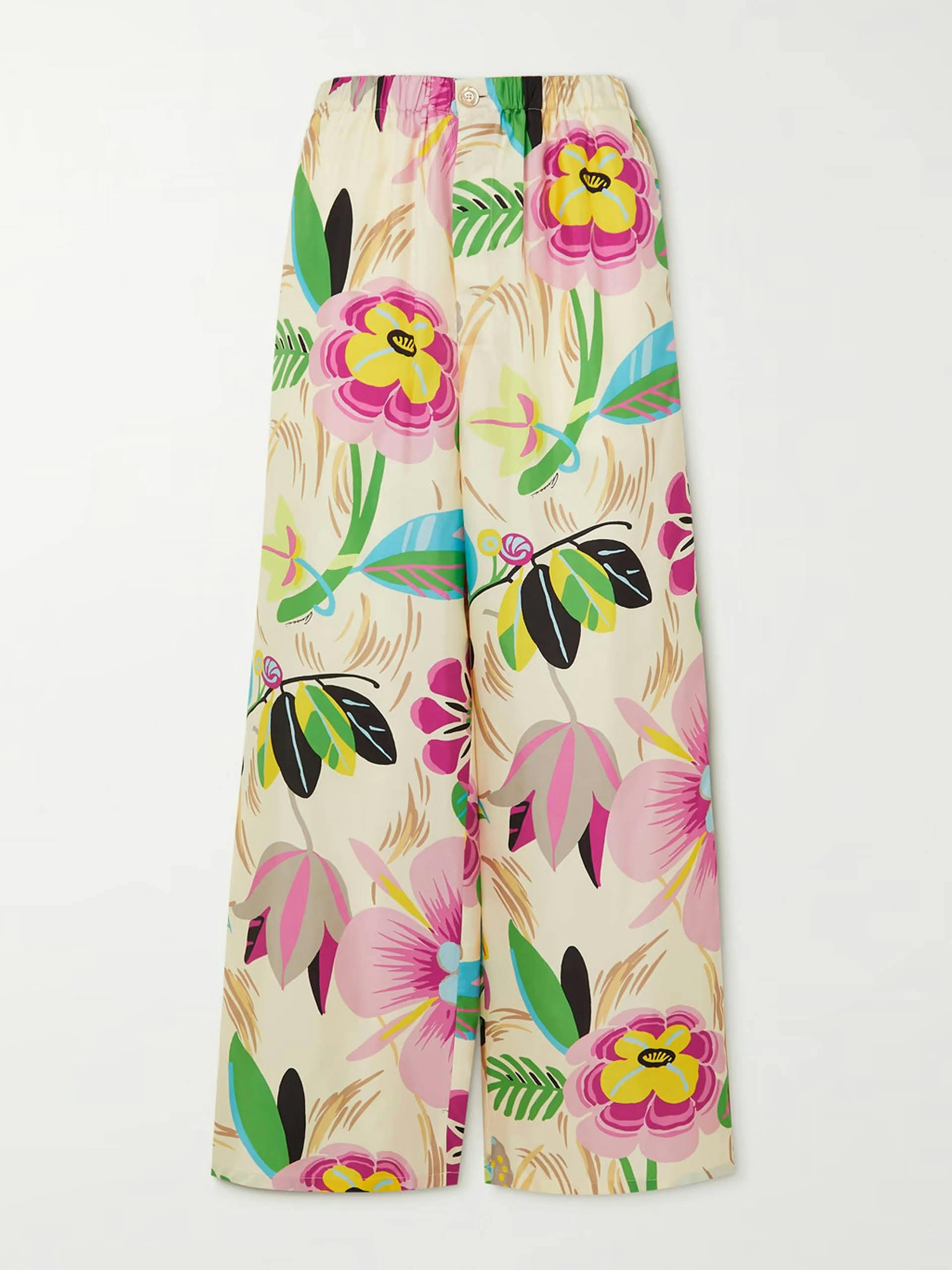 Floral-print silk-twill wide-leg pants
