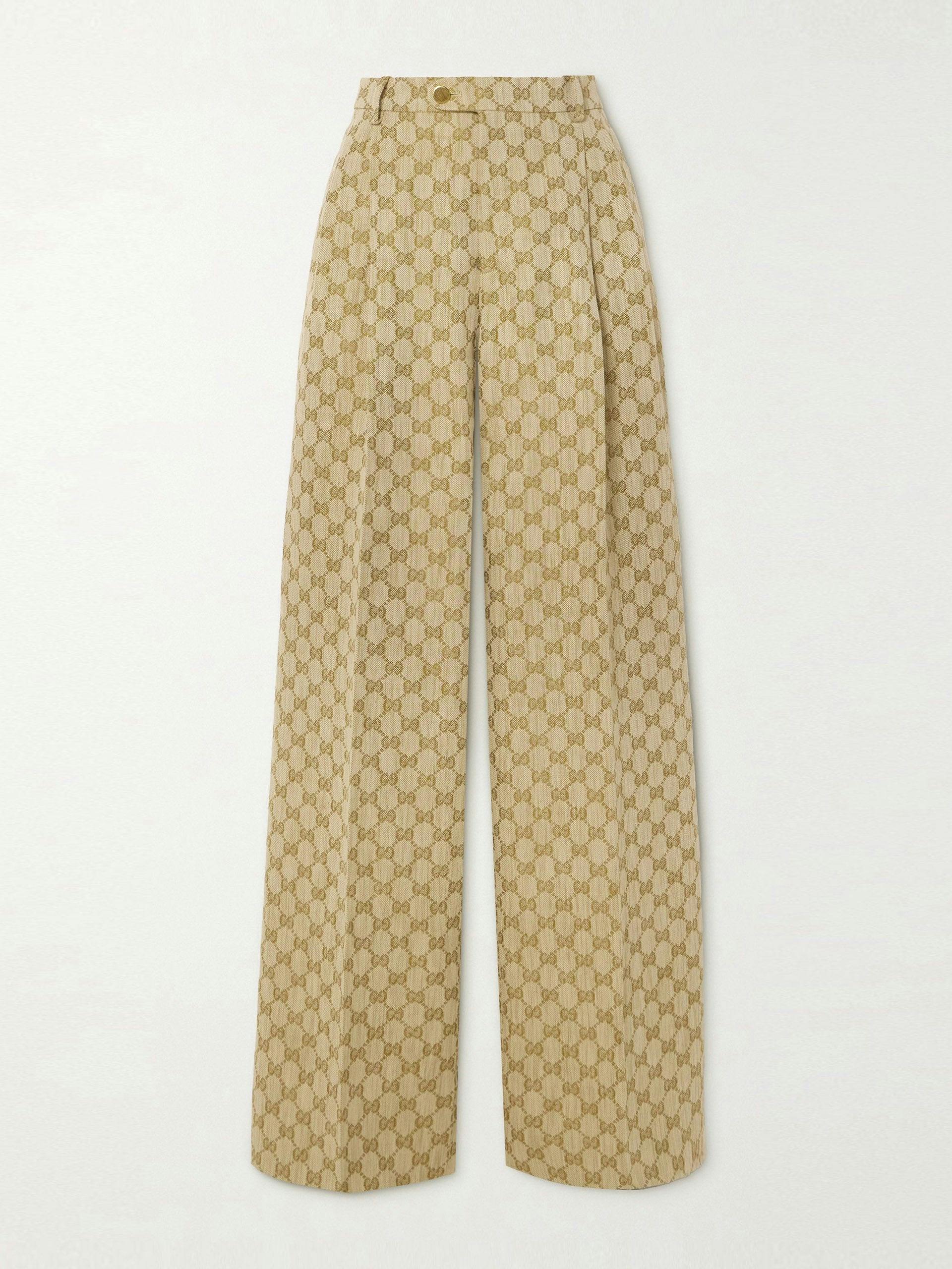 Beige linen and cotton-blend jacquard wide-leg pants
