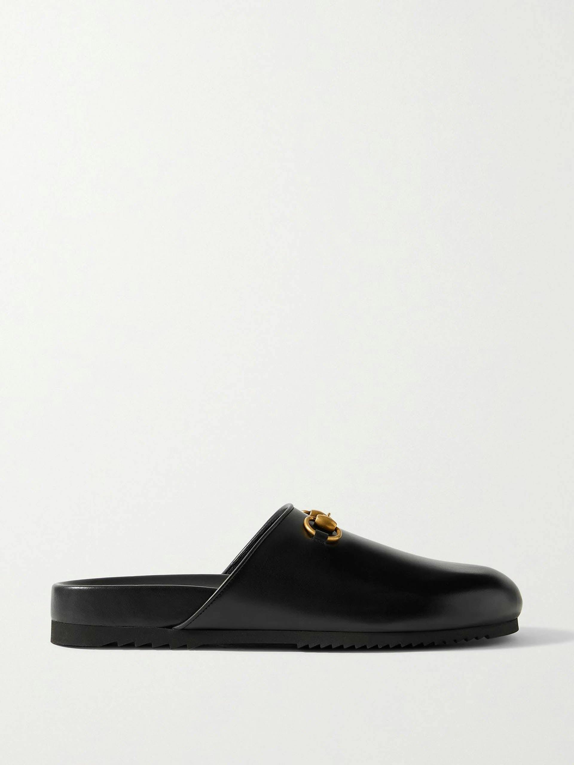 Black Horsebit-detailed leather slippers
