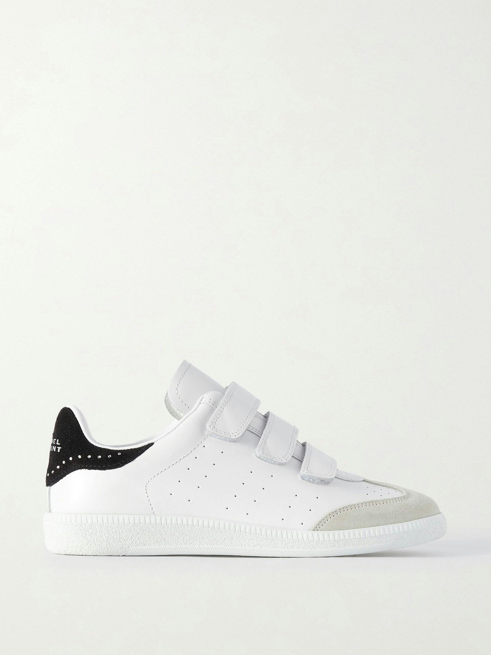 Beth crystal-detailed perforated suede-trimmed leather sneakers