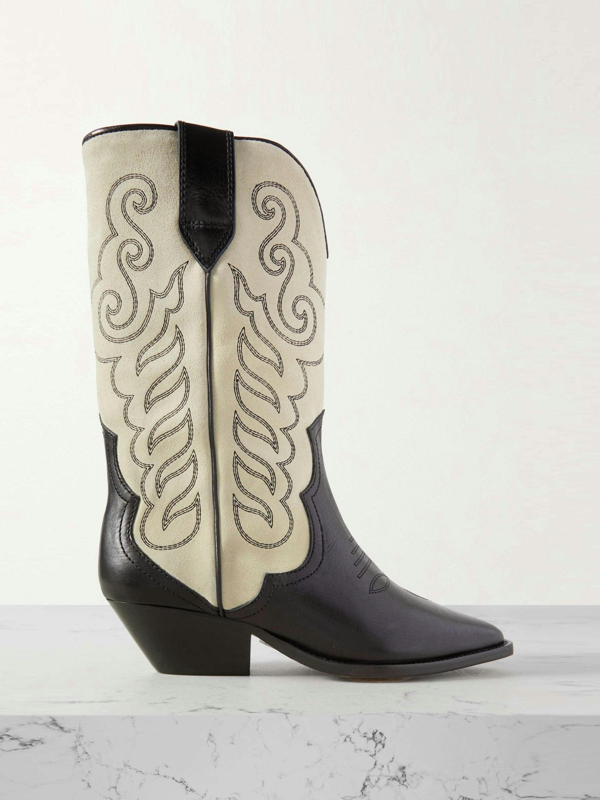 Leather-trimmed suede cowboy boots