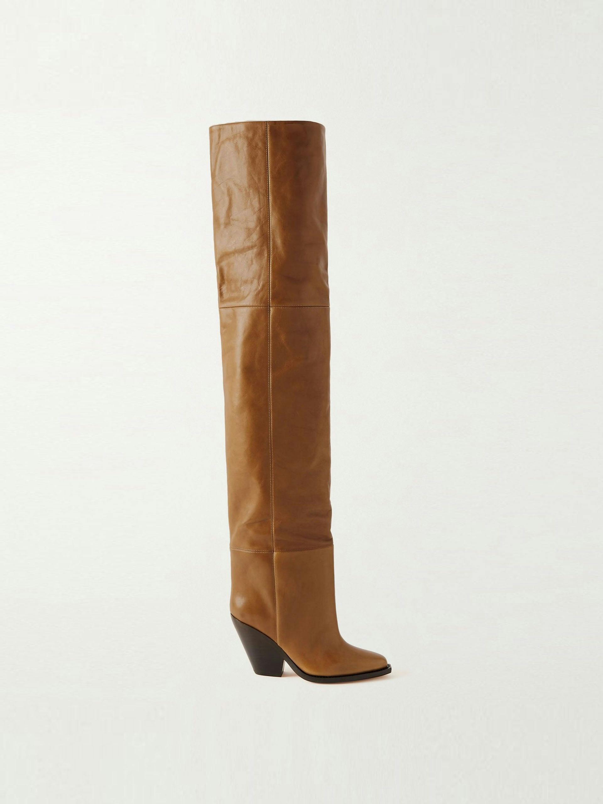 Brown panelled leather thigh boots