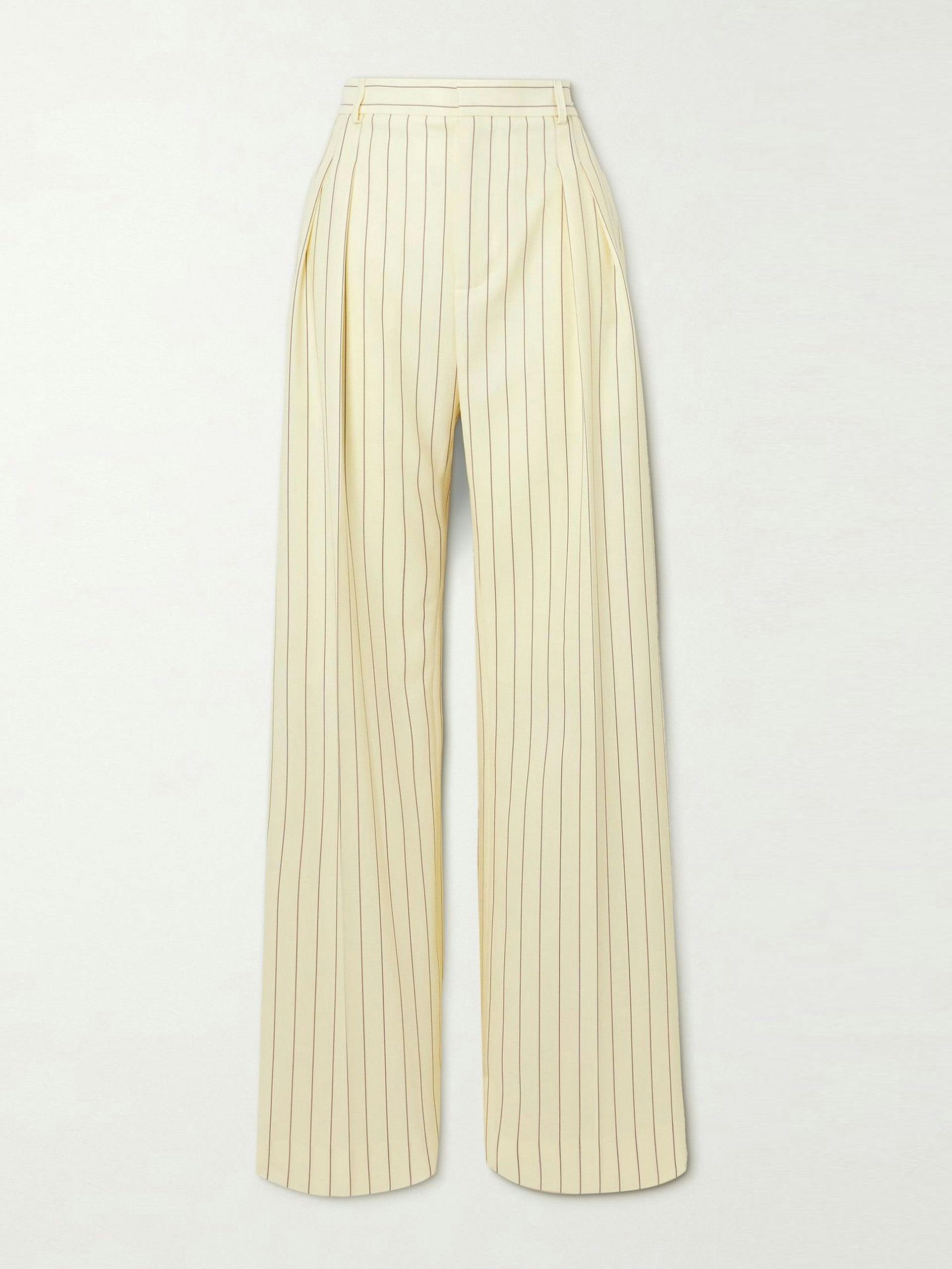 Pleated lace-up striped twill wide-leg pants