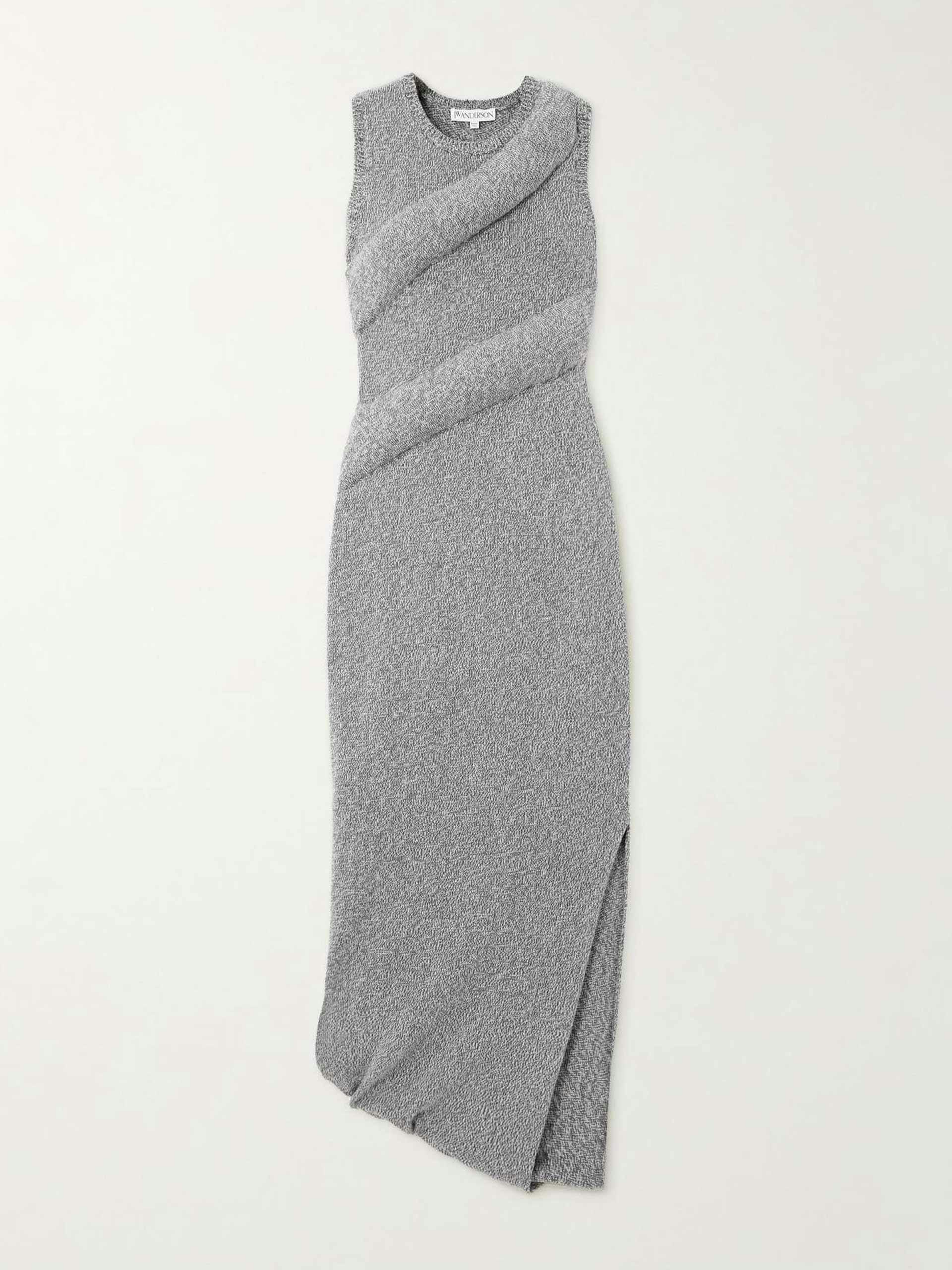 Asymmetric padded Lyocell and wool-blend maxi dress