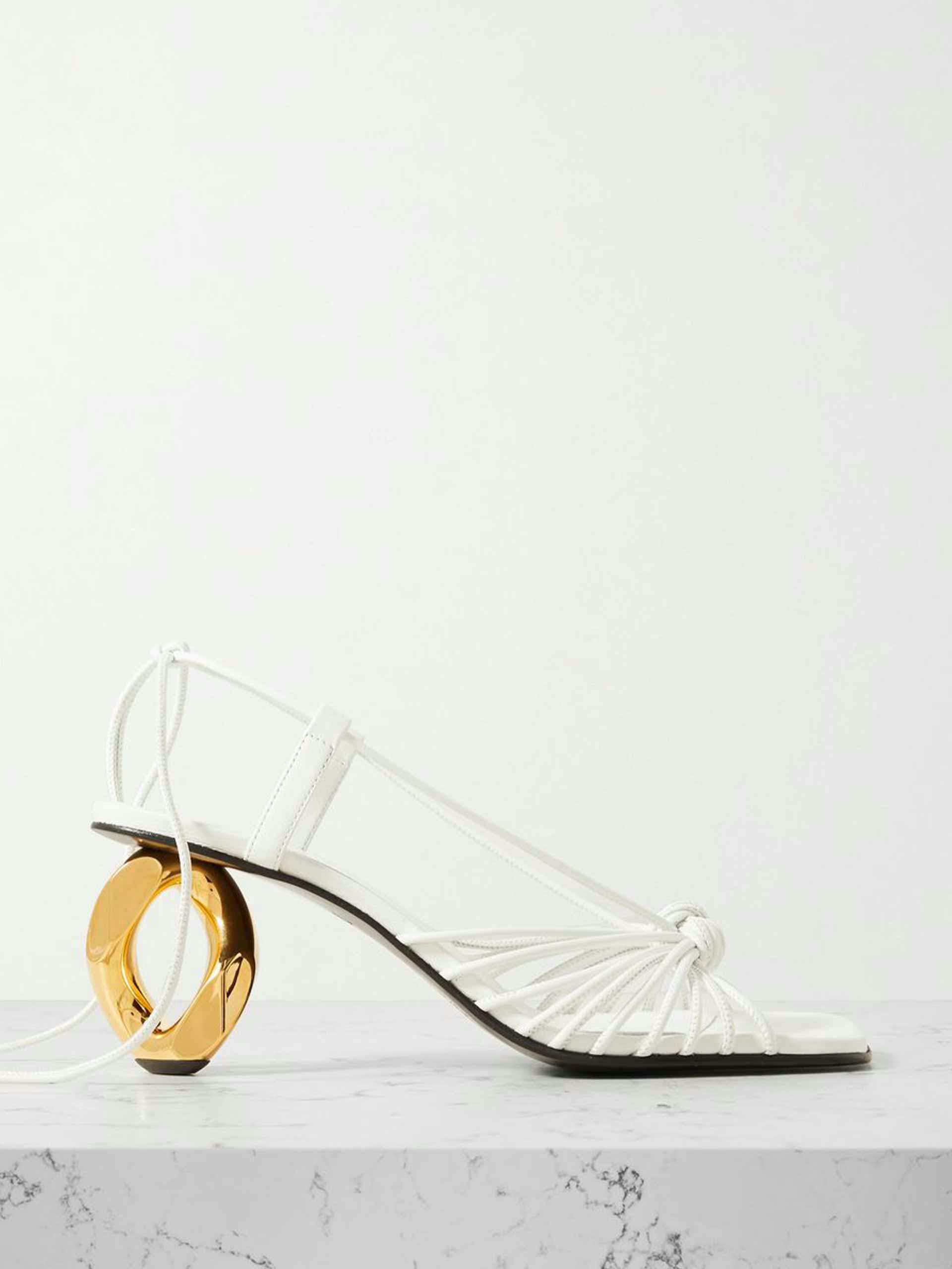 White chain-embellished leather sandals