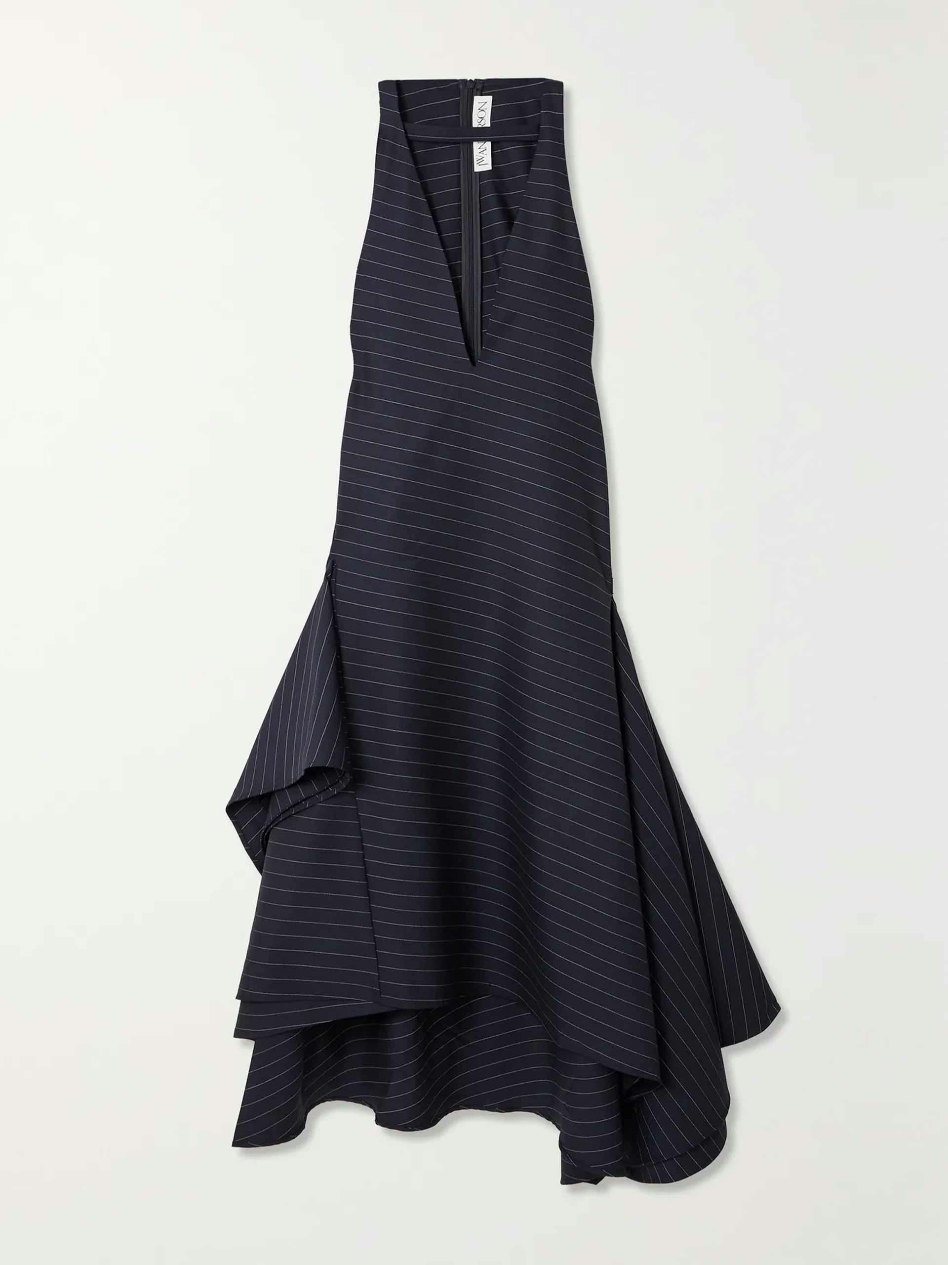 Asymmetric panelled pinstripe wool-blend twill midi dress