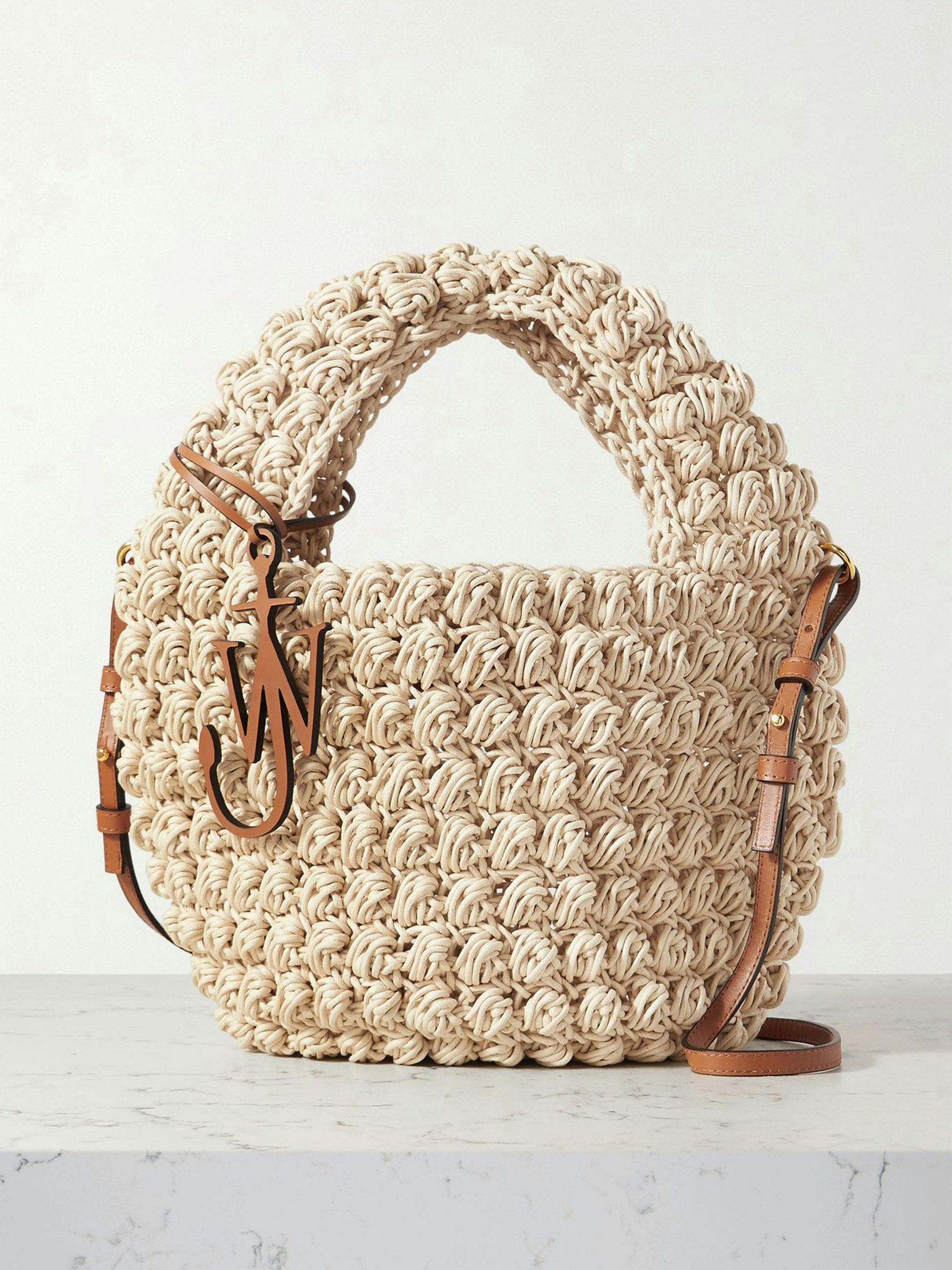 Popcorn leather-trimmed knitted cotton tote