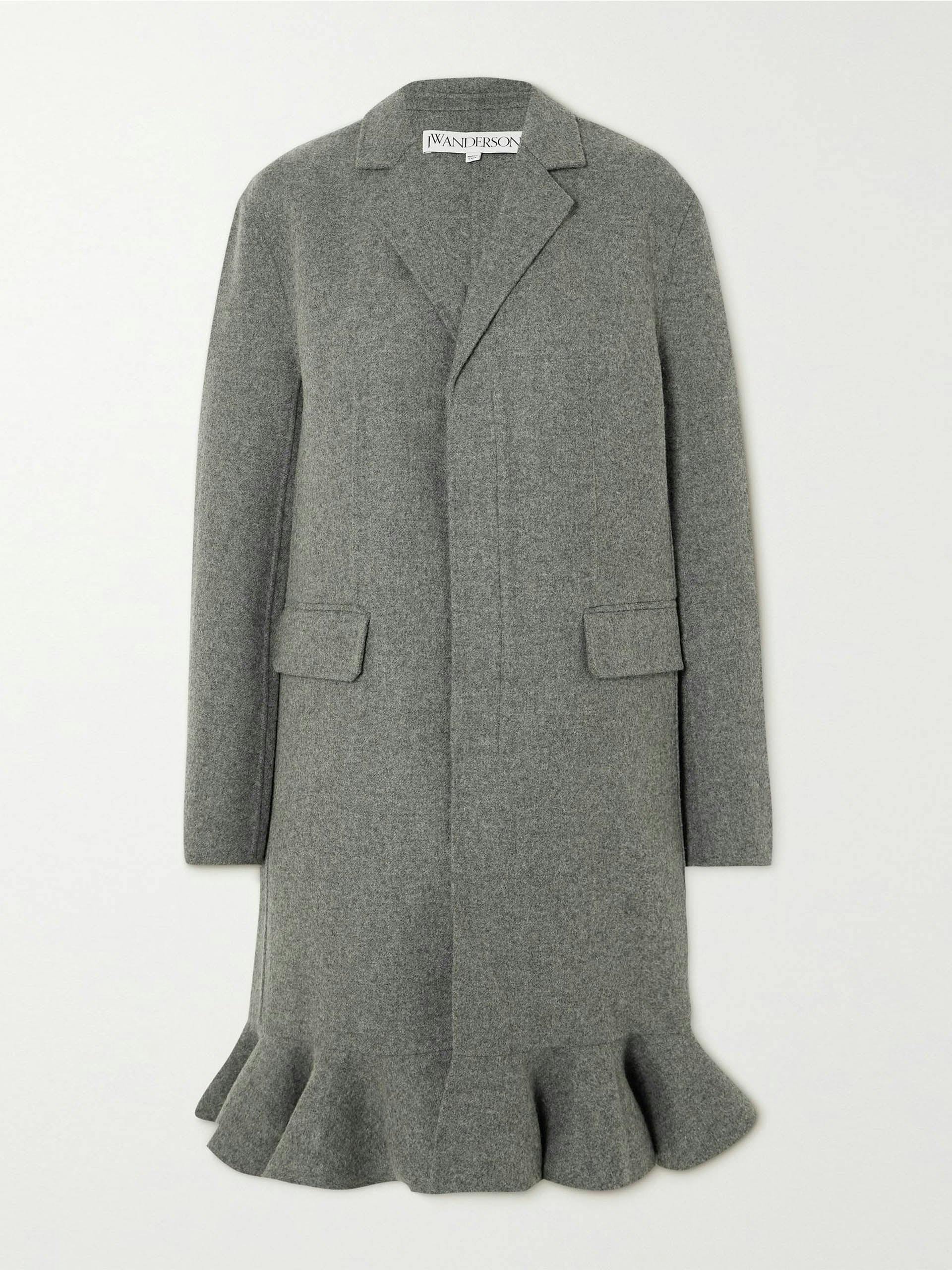 Grey ruffled wool-blend felt coat