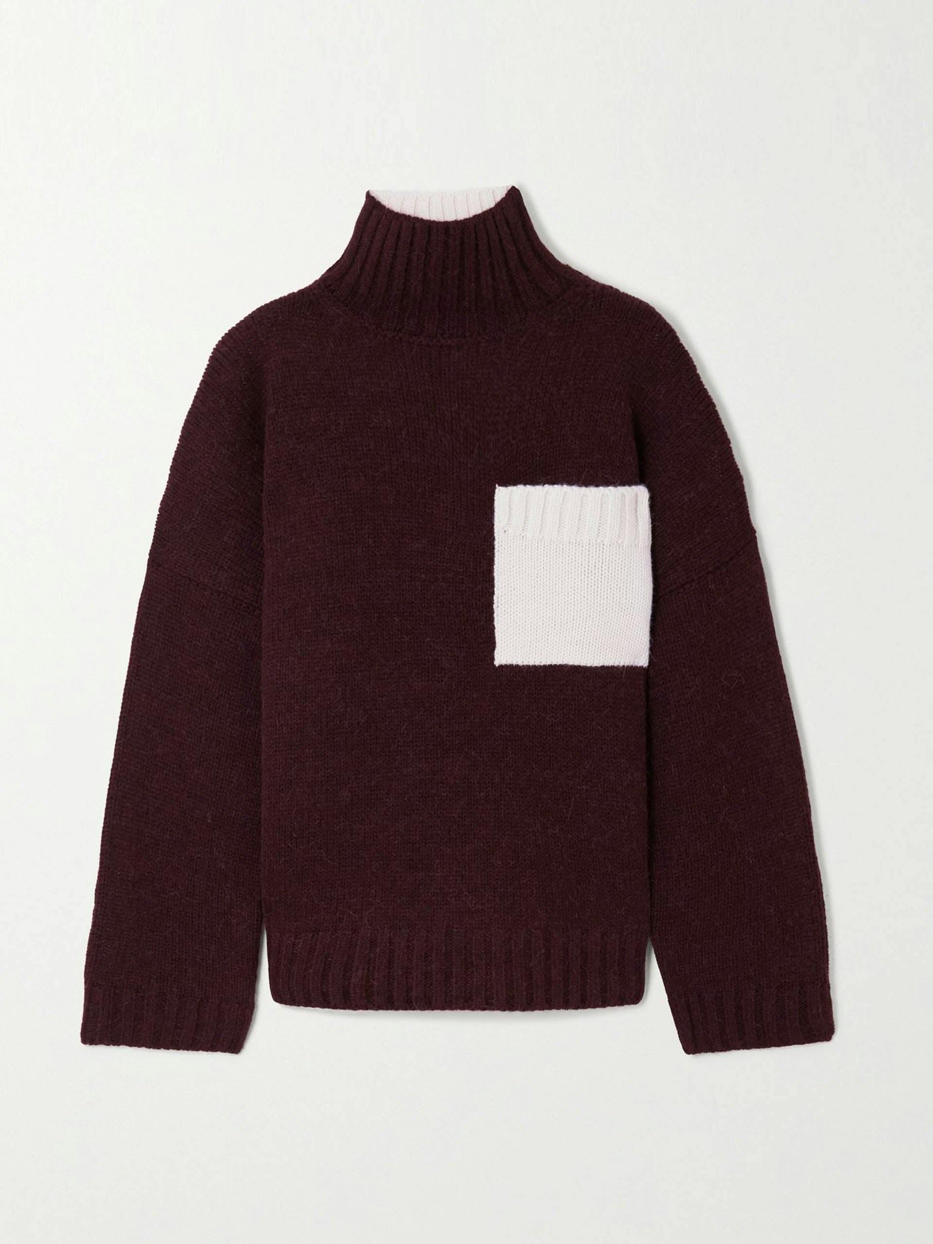 Burgundy two-tone knitted turtleneck sweater