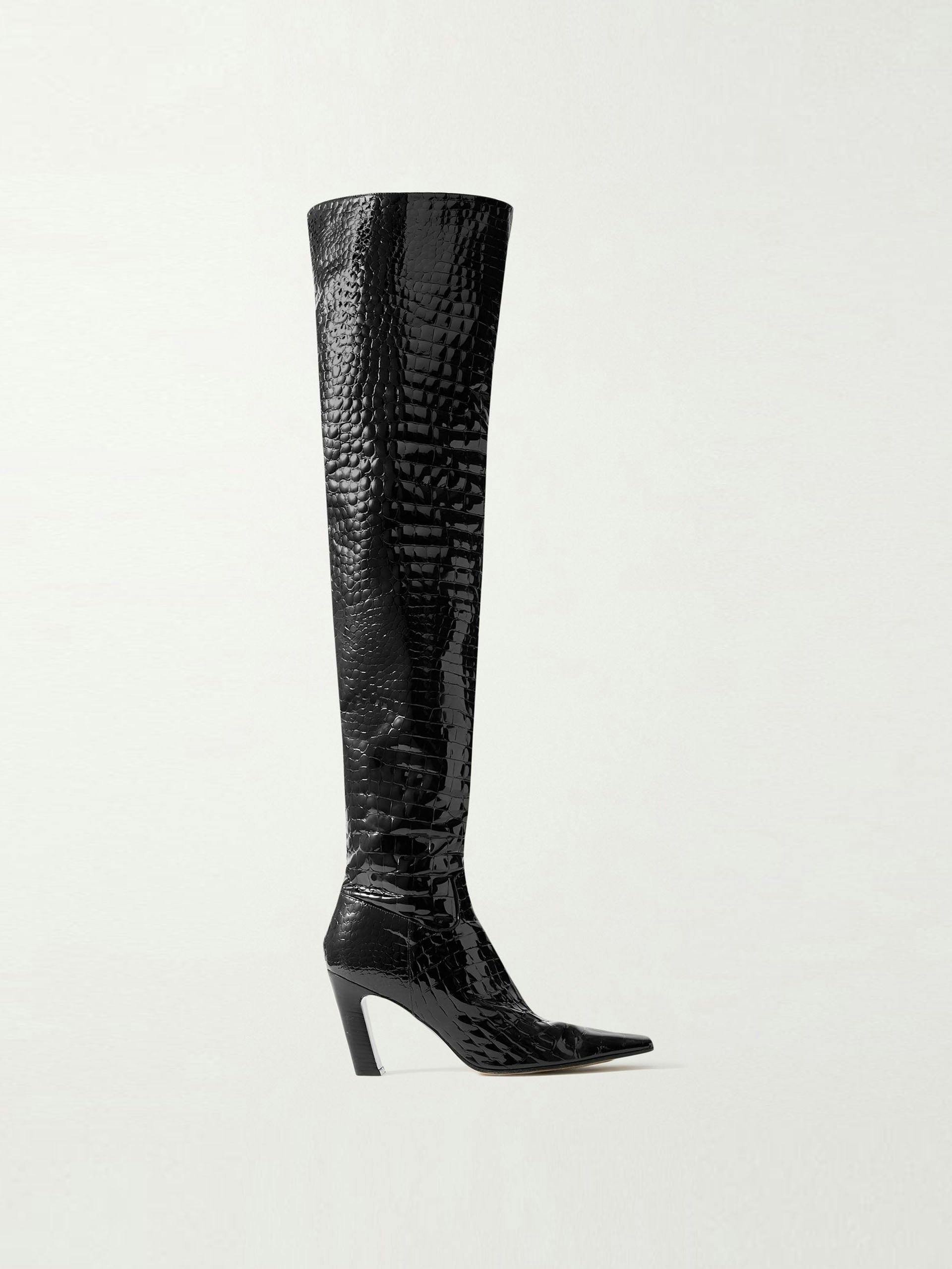 Black croc-effect leather over-the-knee boots