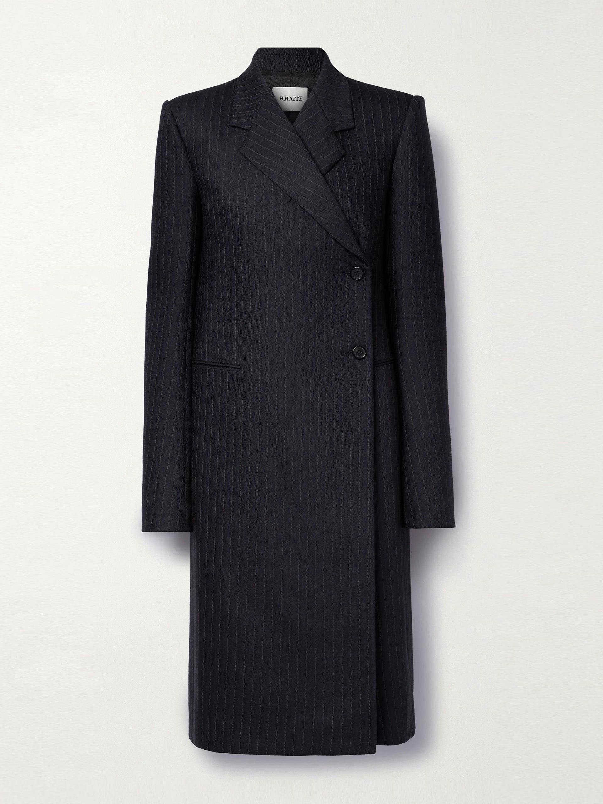 Black pinstriped wool-blend coat