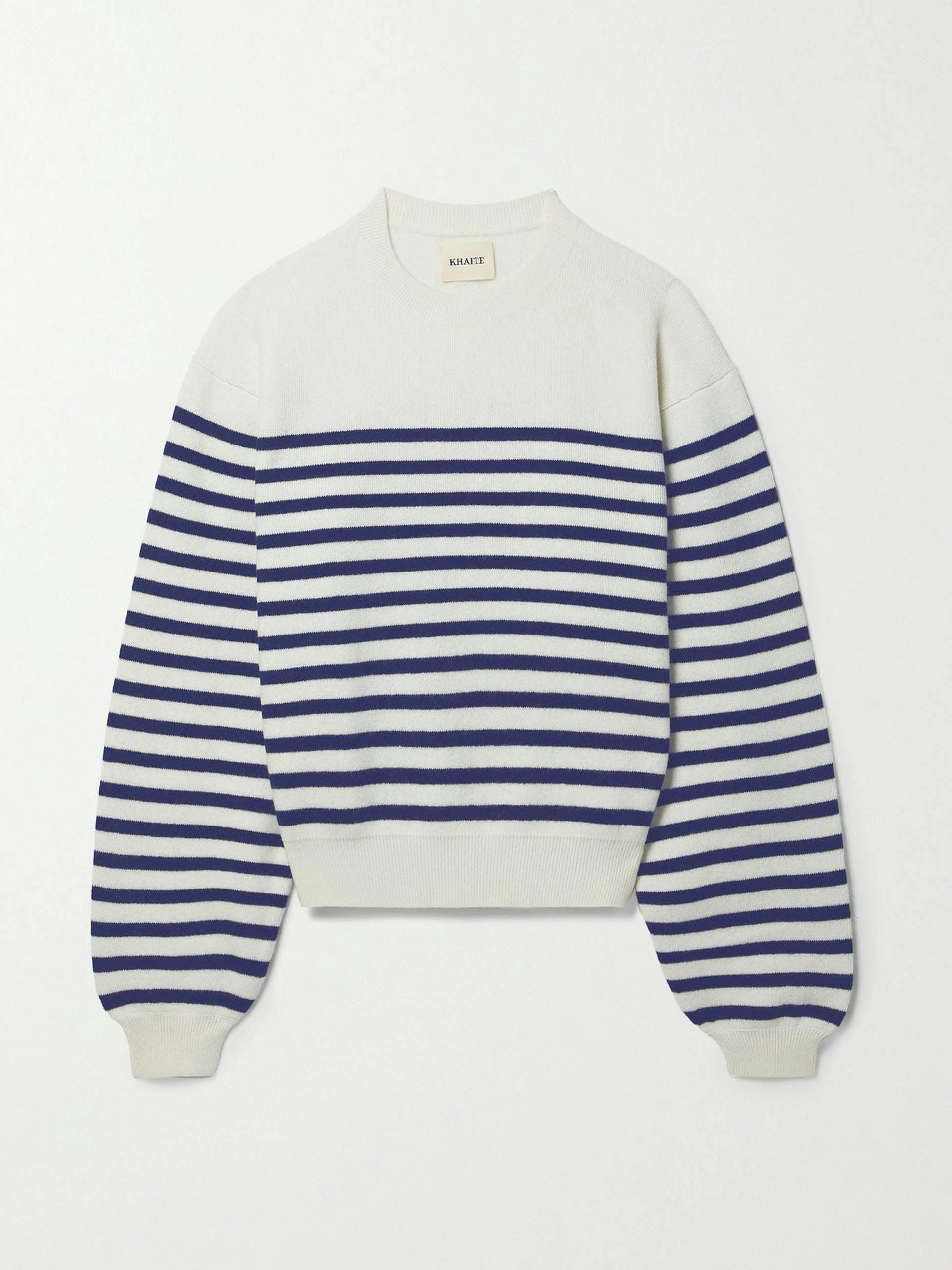 Blue and ivory striped cashmere sweater