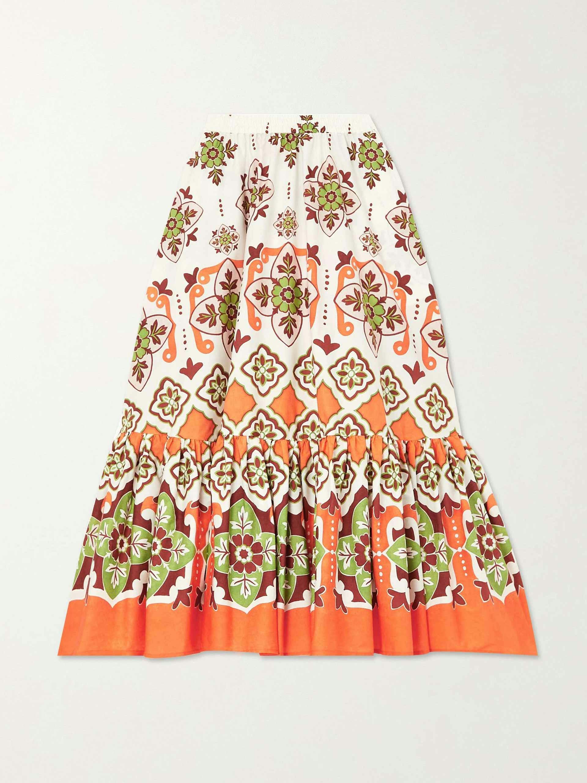 Tiered printed cotton-poplin midi skirt