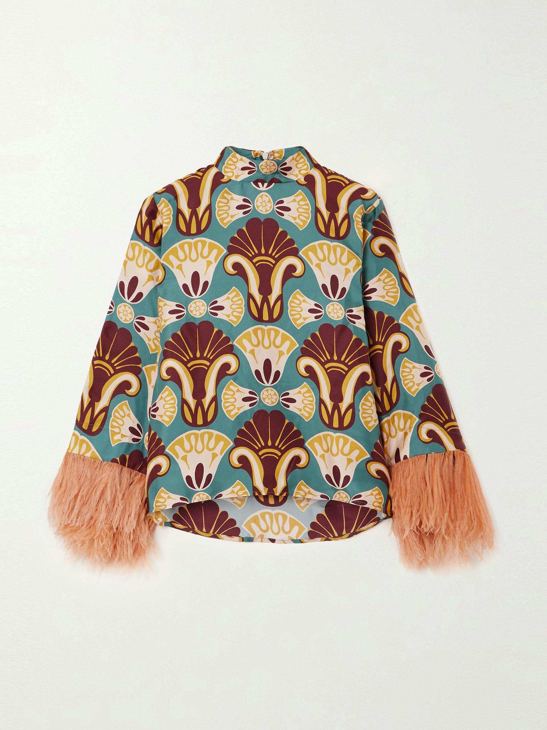 Feather-trimmed printed silk-twill top