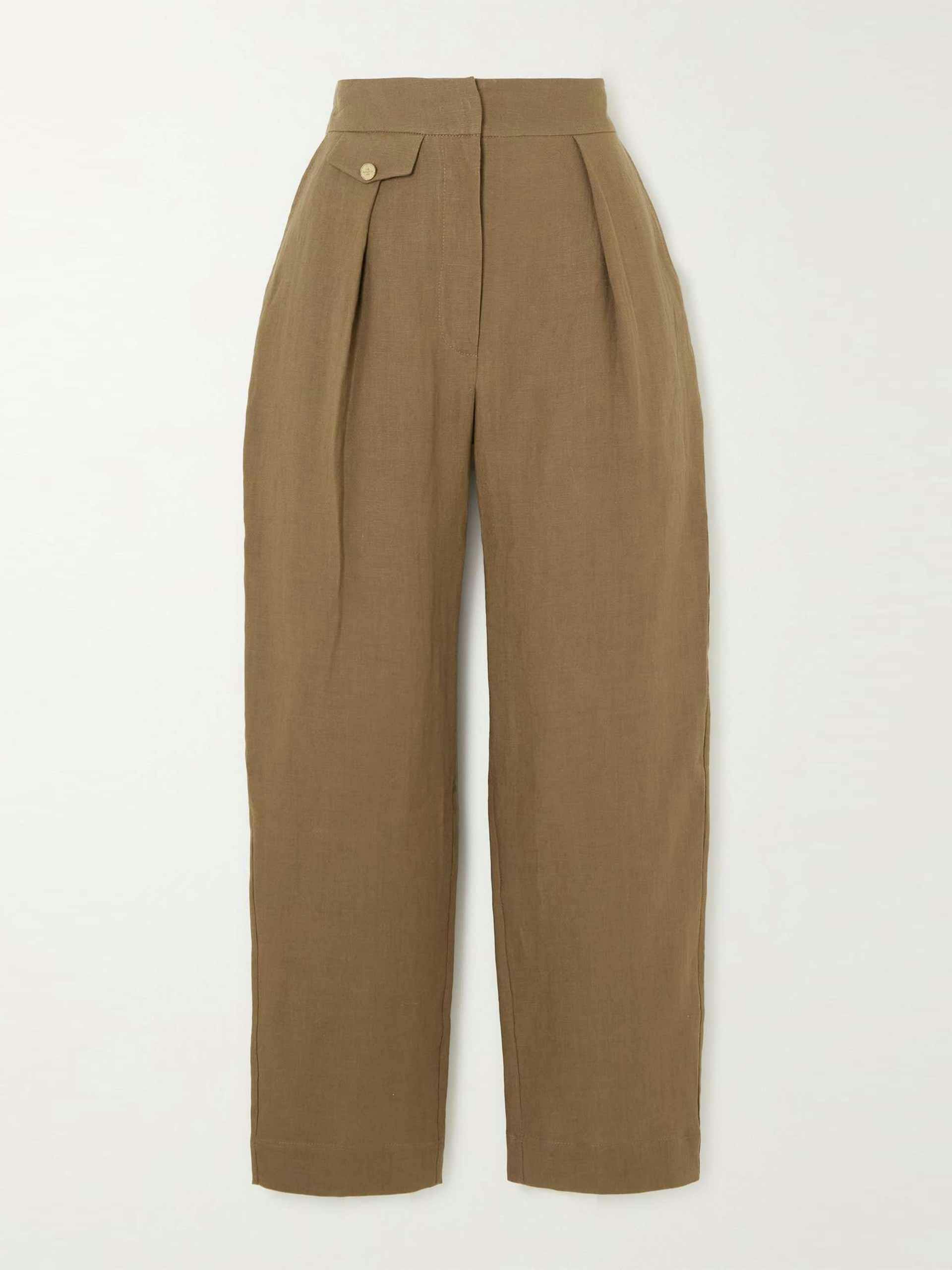 Cropped pleated linen straight-leg pants